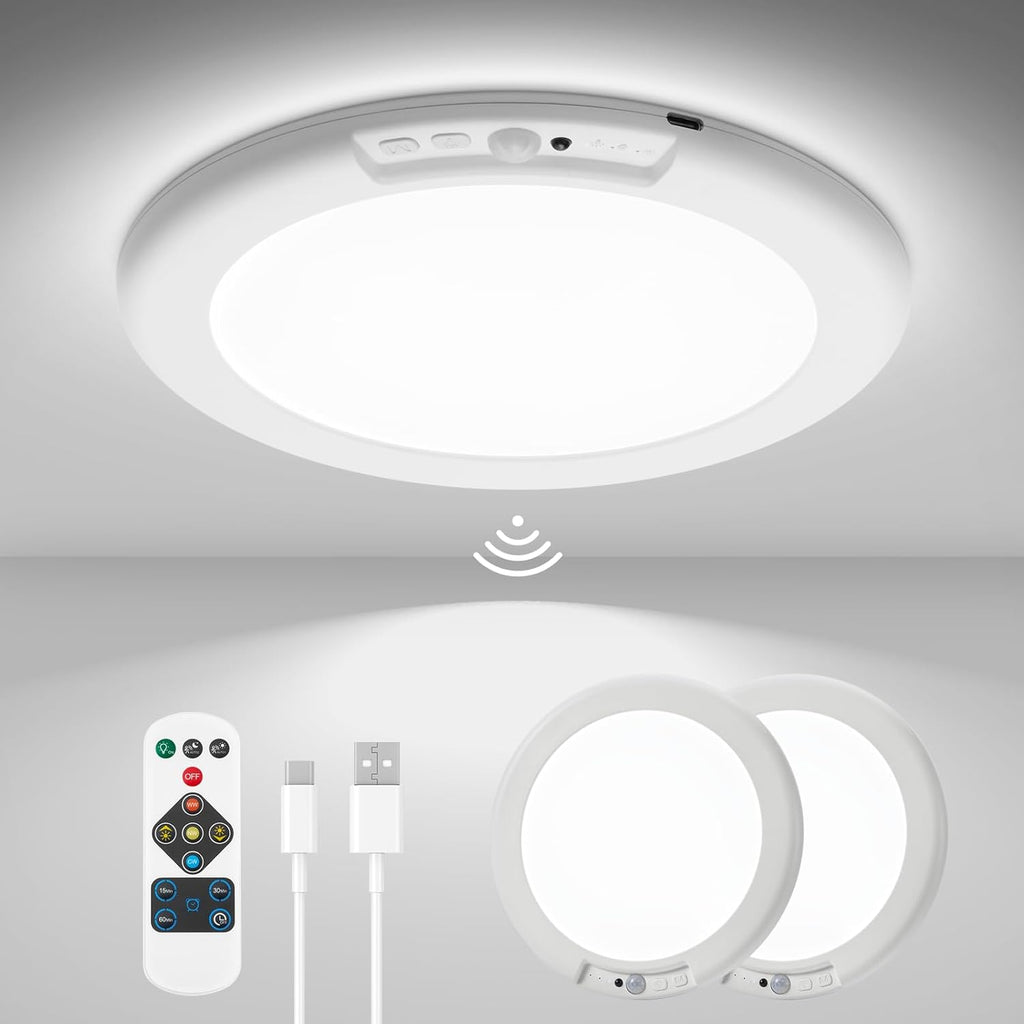 wowatt 2Pcs Battery Operated Ceiling Lights Rechargeable Motion Sensor Light Indoor Wireless Shower Light with Remote 3000K 4500K 6500K 7.48in Dimmable Timing Motion Activated Lamp for Closet Shower