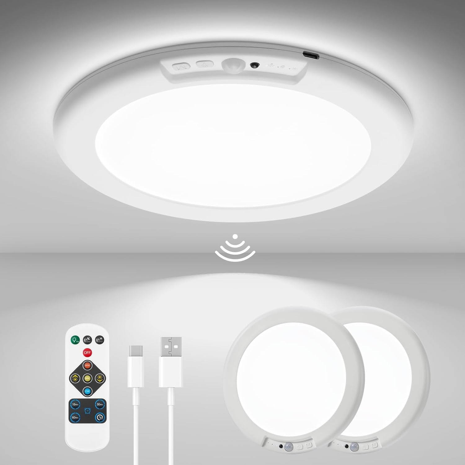 wowatt 2Pcs Battery Operated Ceiling Lights Rechargeable Motion Sensor Light Indoor Wireless Shower Light with Remote 3000K 4500K 6500K 7.48in Dimmable Timing Motion Activated Lamp for Closet Shower