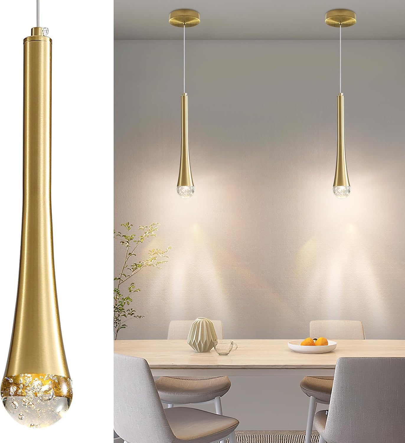 2 Pack Minimalist Kitchen Island Pendant Lights, Black Modern Linear Hanging Light Fixture, Bubble Acrylic, Adjustable 2700K/4500K/6500K, LED Ceiling Lamp for Dining Room, Bedside, Bathroom, Bar
