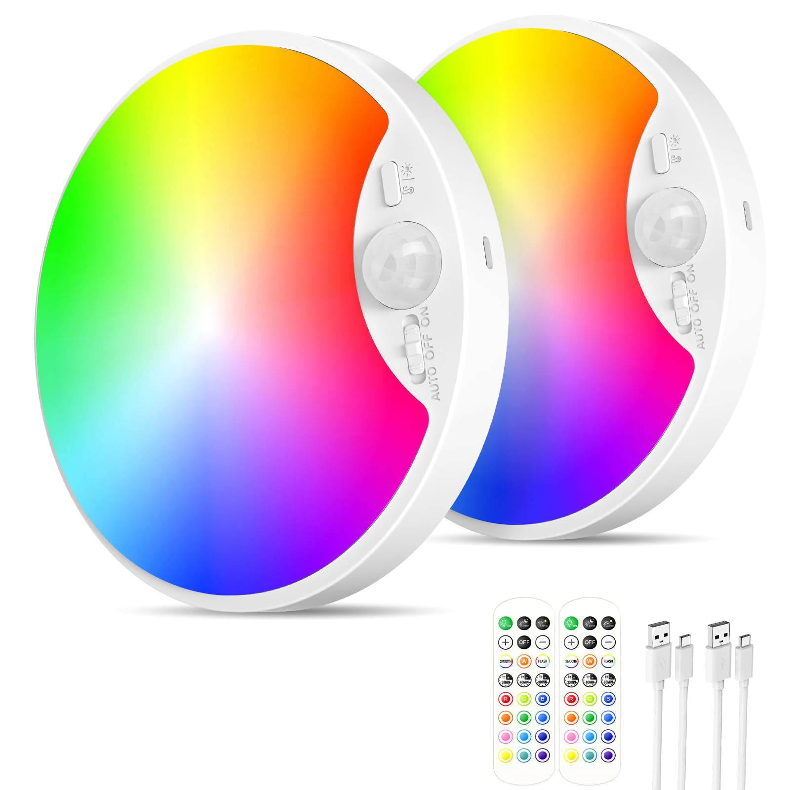 Rechargeable Motion Sensor Ceiling Lights with Remote, Battery Operated Closet Lights No Wiring, Wireless LED Shower Lights, 3 Colors Dimmable Overhead Lamps for Closet Shower Pantry Hallway, 2 Pack