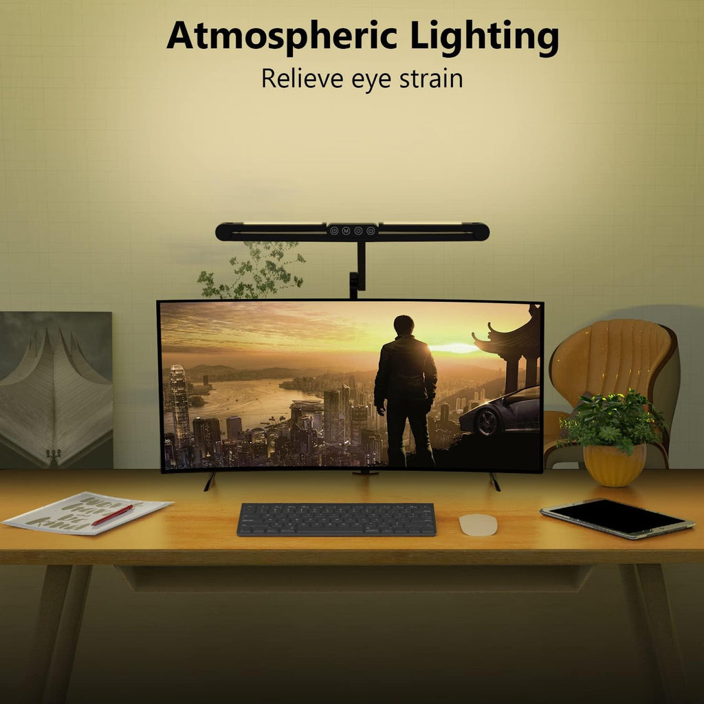 Micomlan Led Desk Lamp with Clamp, Architect Desk Lamp for Home Office with Atmosphere Lighting, 24W Ultra Bright Auto Dimming Computer Light Stepless Dimming and Tempering LED Table Light