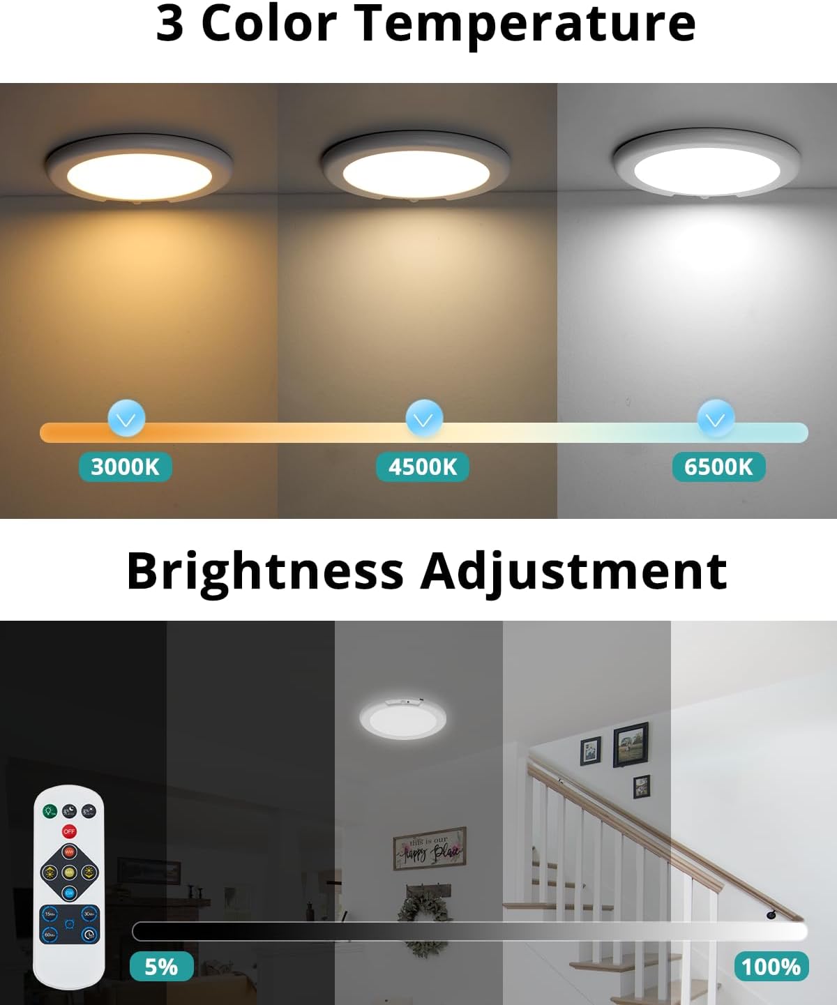 wowatt 2Pcs Battery Operated Ceiling Lights Rechargeable Motion Sensor Light Indoor Wireless Shower Light with Remote 3000K 4500K 6500K 7.48in Dimmable Timing Motion Activated Lamp for Closet Shower