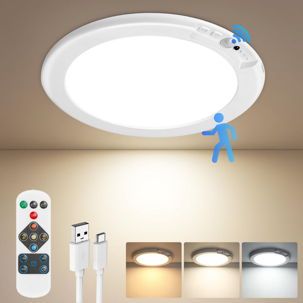 Rechargeable Motion Sensor Ceiling Lights with Remote, Battery Operated Closet Lights No Wiring, Wireless LED Shower Lights, 3 Colors Dimmable Overhead Lamps for Closet Shower Pantry Hallway, 2 Pack