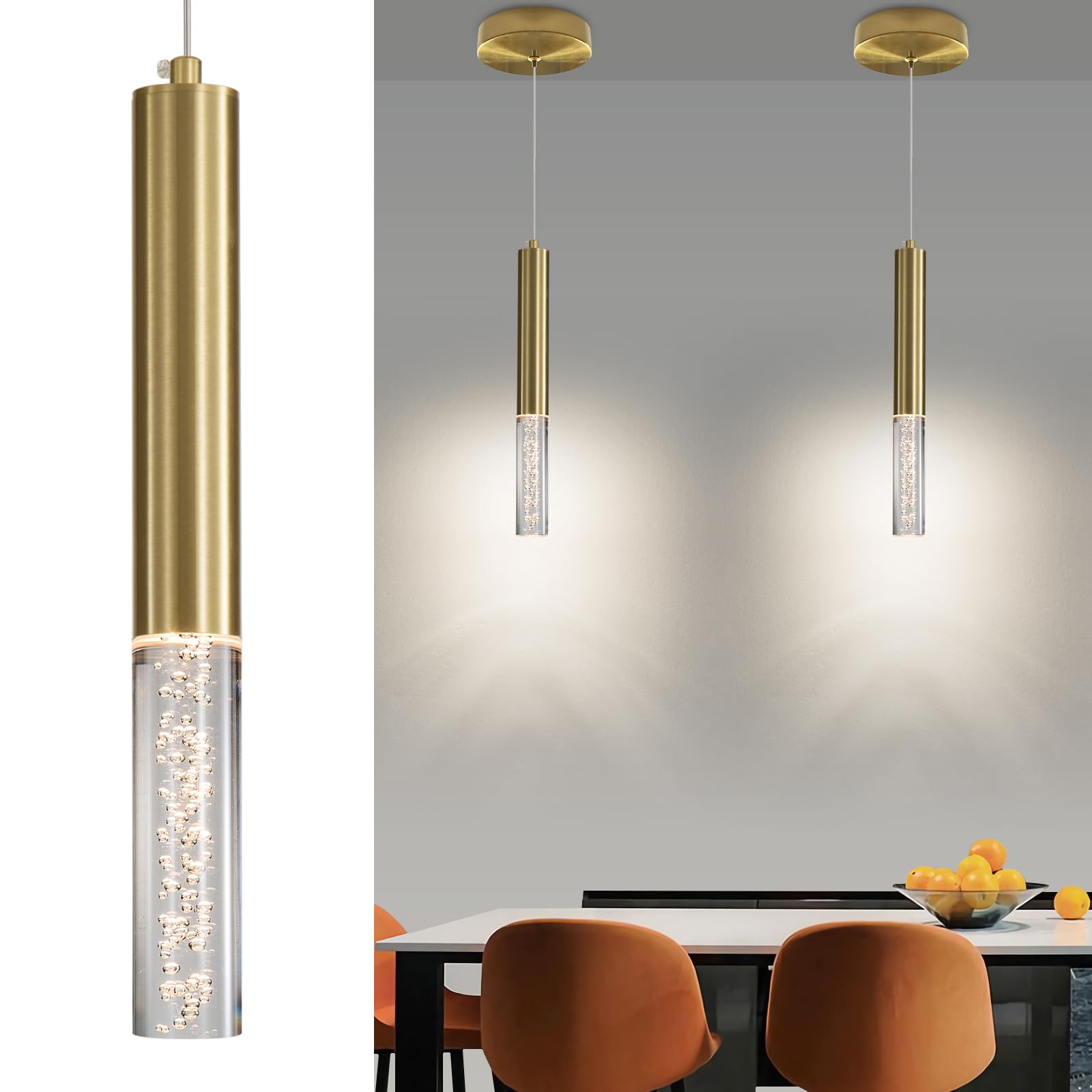 2 Pack Minimalist Kitchen Island Pendant Lights, Black Modern Linear Hanging Light Fixture, Bubble Acrylic, Adjustable 2700K/4500K/6500K, LED Ceiling Lamp for Dining Room, Bedside, Bathroom, Bar