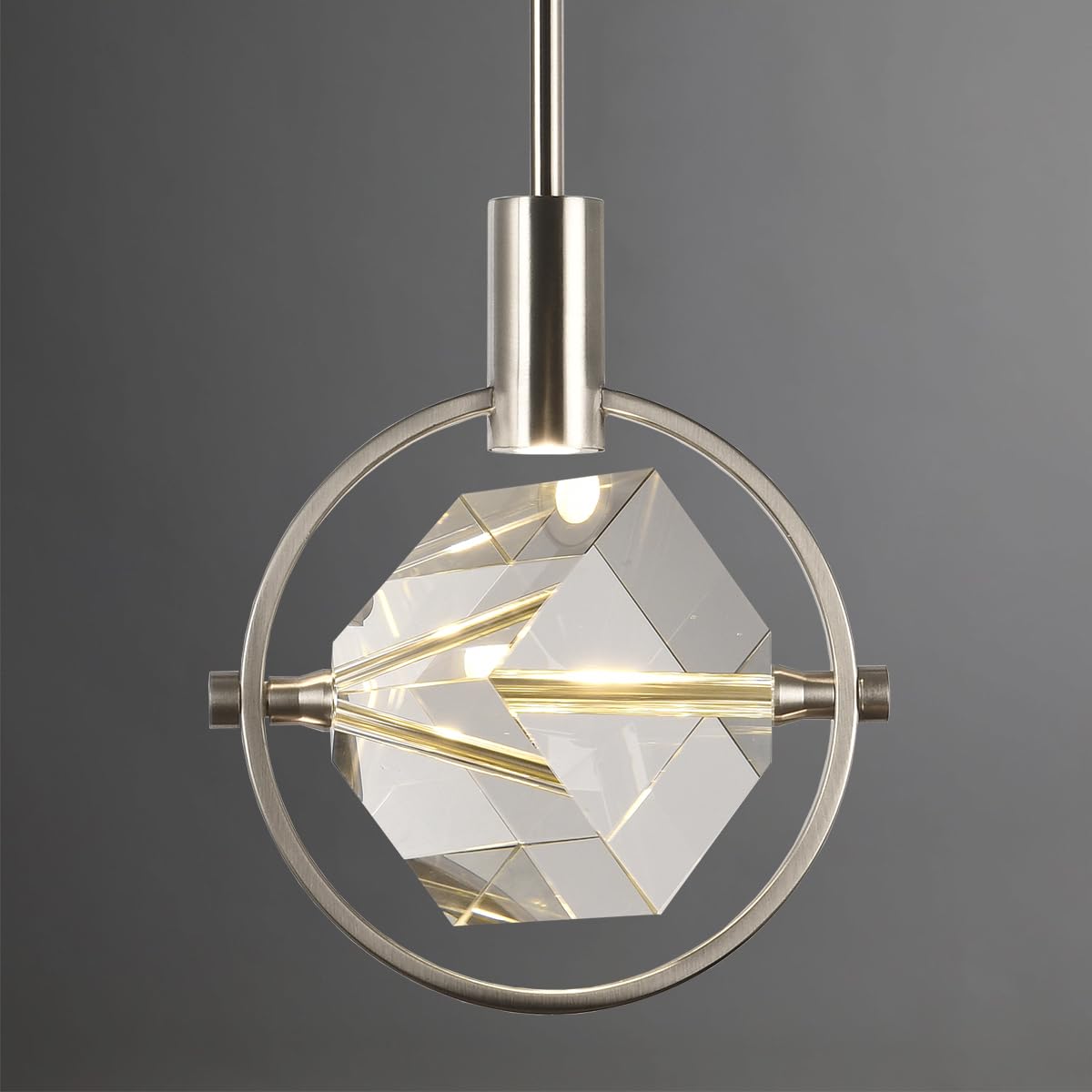 Modern Cylinder Pendant Light, Dimmable Brushed Nickel Acrylic Pendant Lights Kitchen Island, Single Small Ceiling Light Fixture with Bubble for Vanity Powder Room