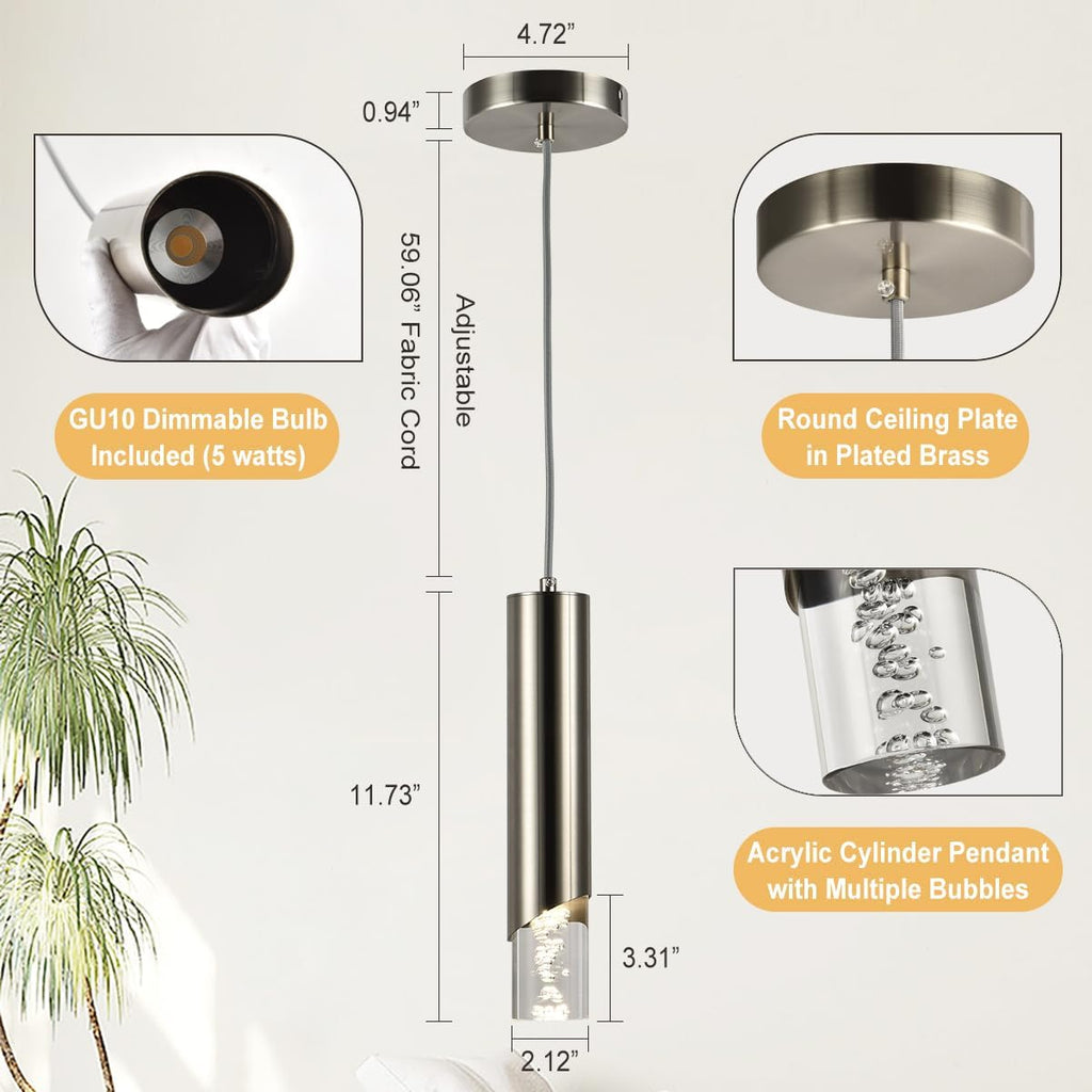 Modern Cylinder Pendant Light, Dimmable Brushed Nickel Acrylic Pendant Lights Kitchen Island, Single Small Ceiling Light Fixture with Bubble for Vanity Powder Room