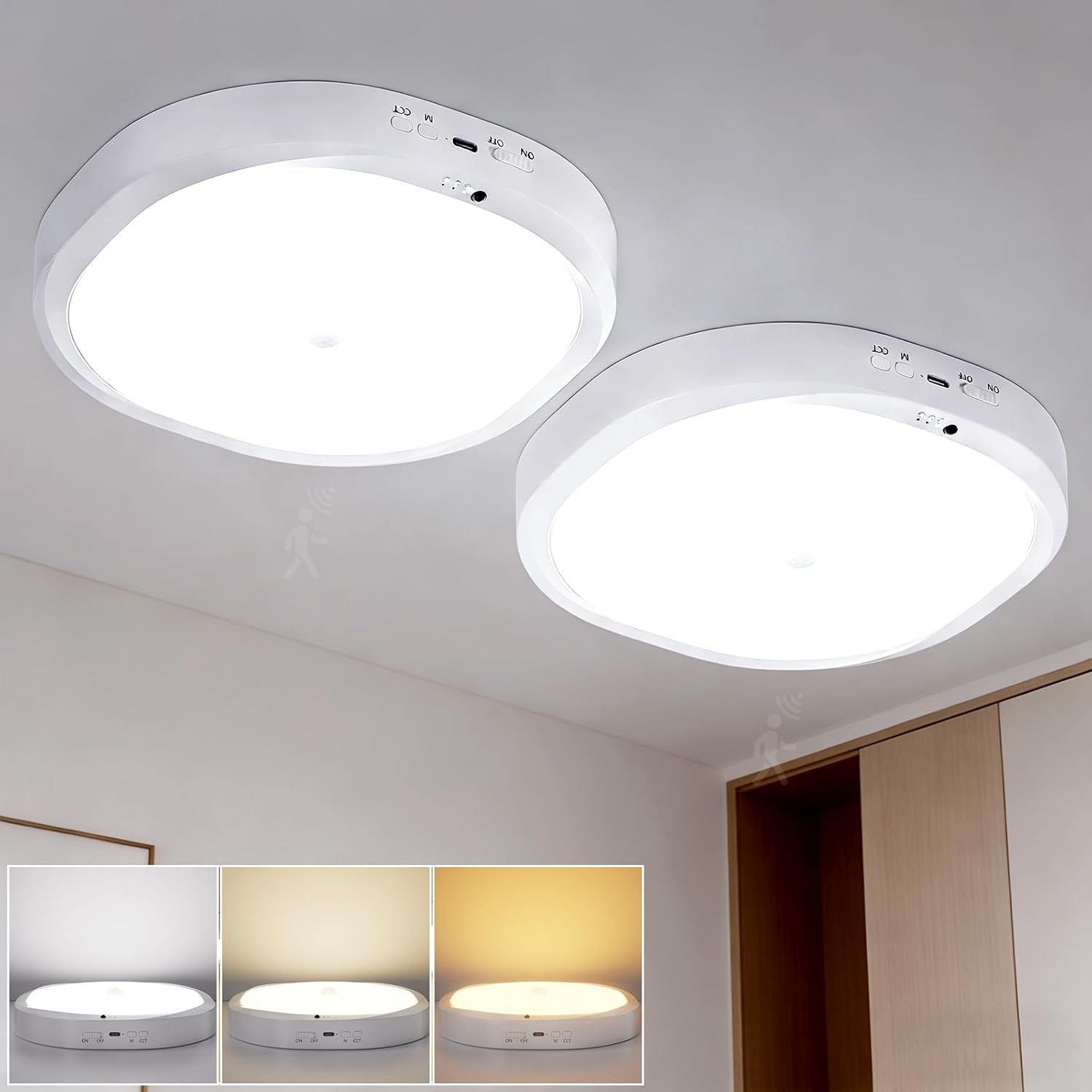 2-Pack 10000mAh Battery Motion Sensor Light, Remote Controlled Waterproof Wireless Lamp for Bathroom Closet Stairs Pantry