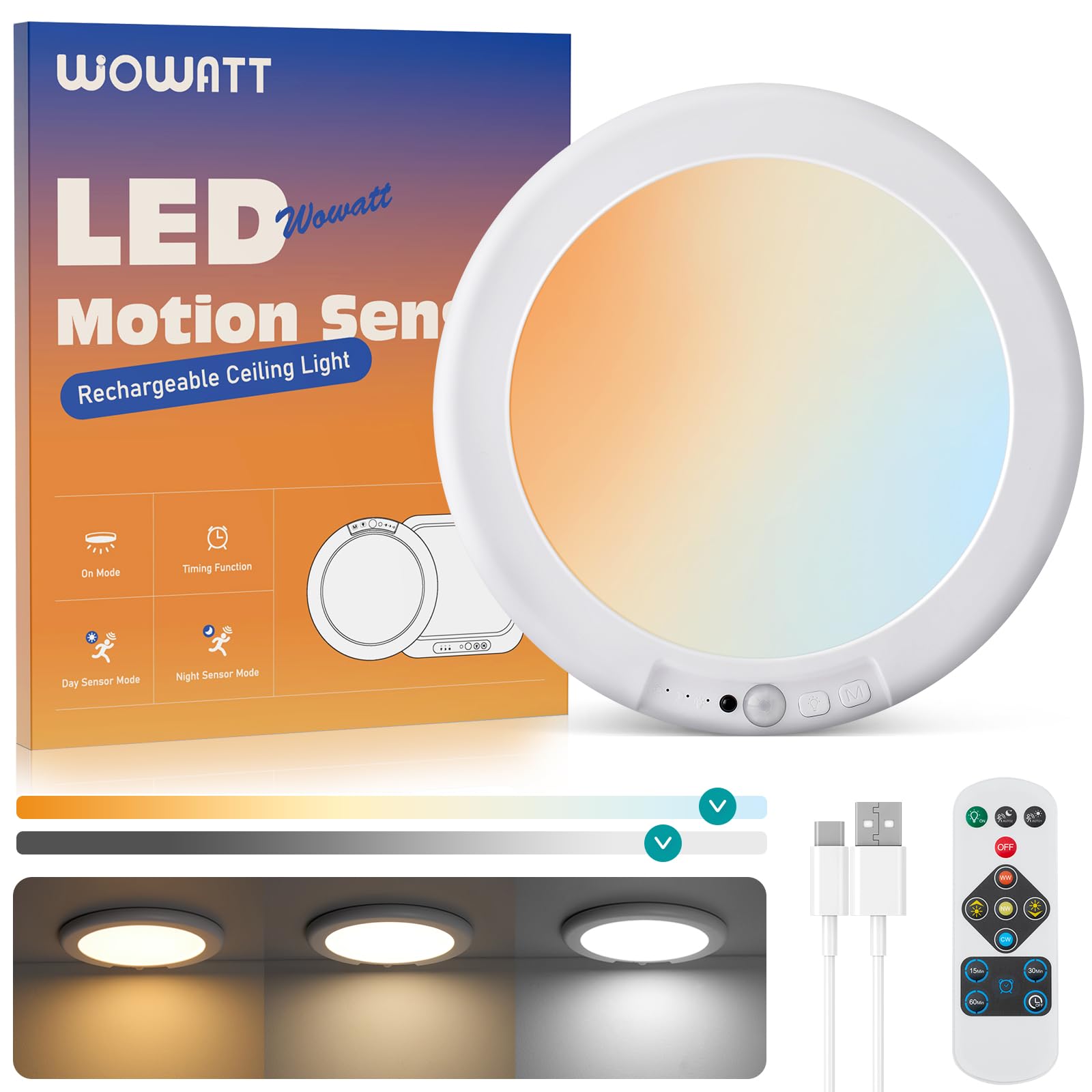 wowatt 2Pcs Battery Operated Ceiling Lights Rechargeable Motion Sensor Light Indoor Wireless Shower Light with Remote 3000K 4500K 6500K 7.48in Dimmable Timing Motion Activated Lamp for Closet Shower