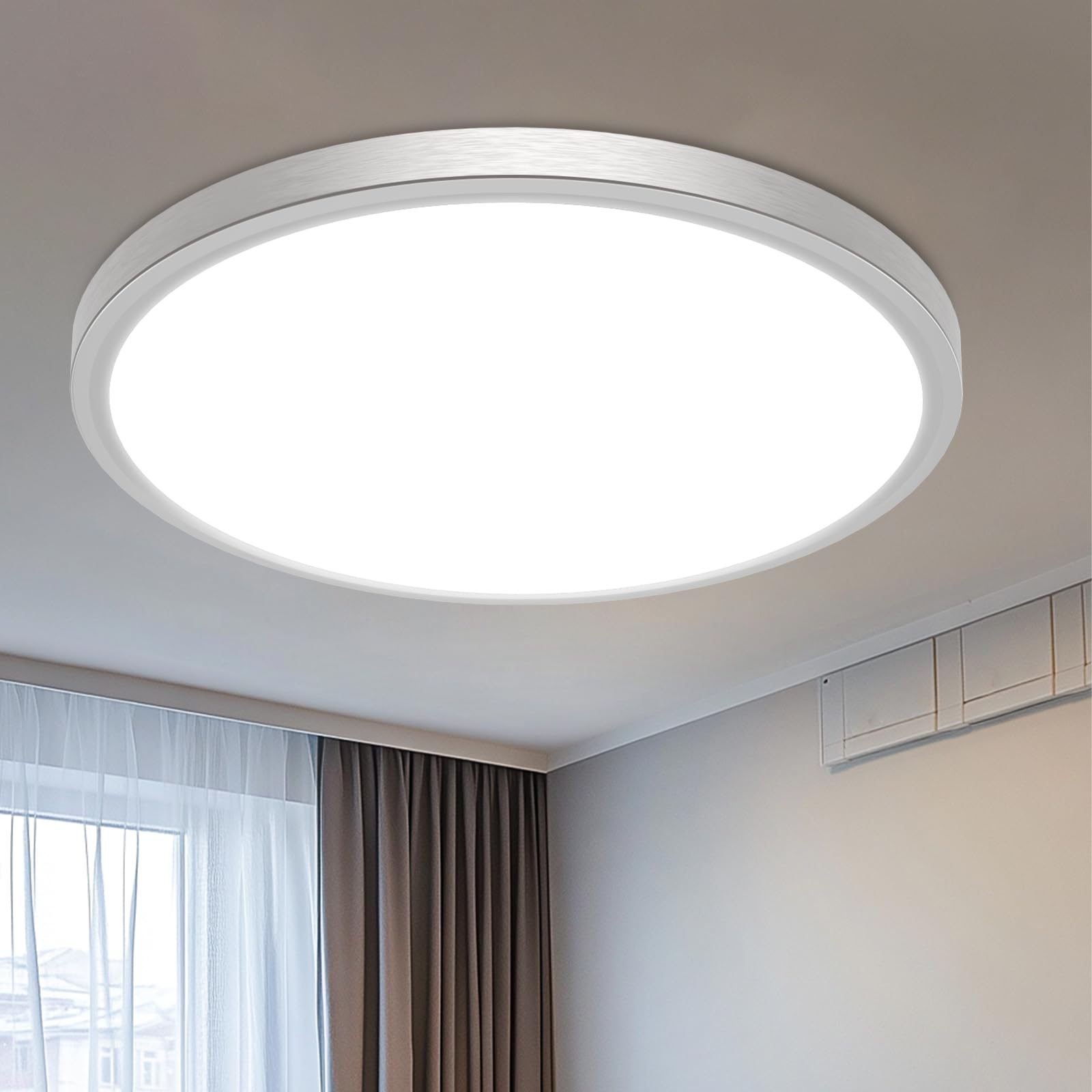 libtit 12 inch Flush Mount LED Ceiling Light Fixture, 3000K 4000K 6500K Adjustable, 28W 3200lm Brushed Nickel Satin Round Ceiling Lamp for Bathroom Hallway Kitchen Bedroom, 2 Pack
