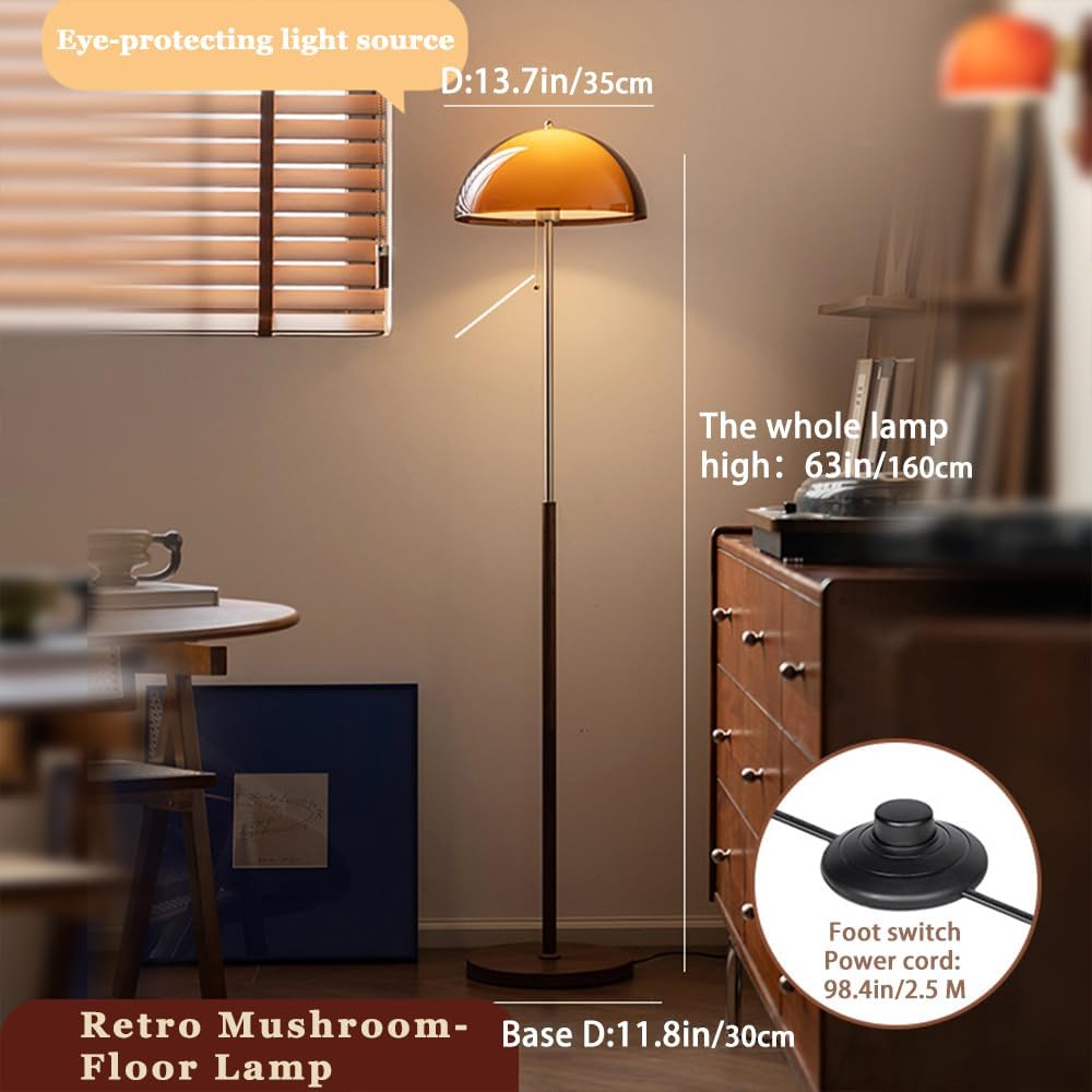 Mushroom Floor Lamp 63" H Orange Floor Lamp for Living Room with Gradient Double Dome Lampshade 3 Color Adjustable Light Pull Chain Switch MCM Standing Lamp for Bedroom Office Study Room