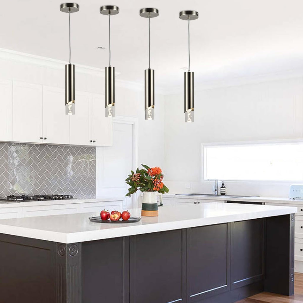 Modern Cylinder Pendant Light, Dimmable Brushed Nickel Acrylic Pendant Lights Kitchen Island, Single Small Ceiling Light Fixture with Bubble for Vanity Powder Room