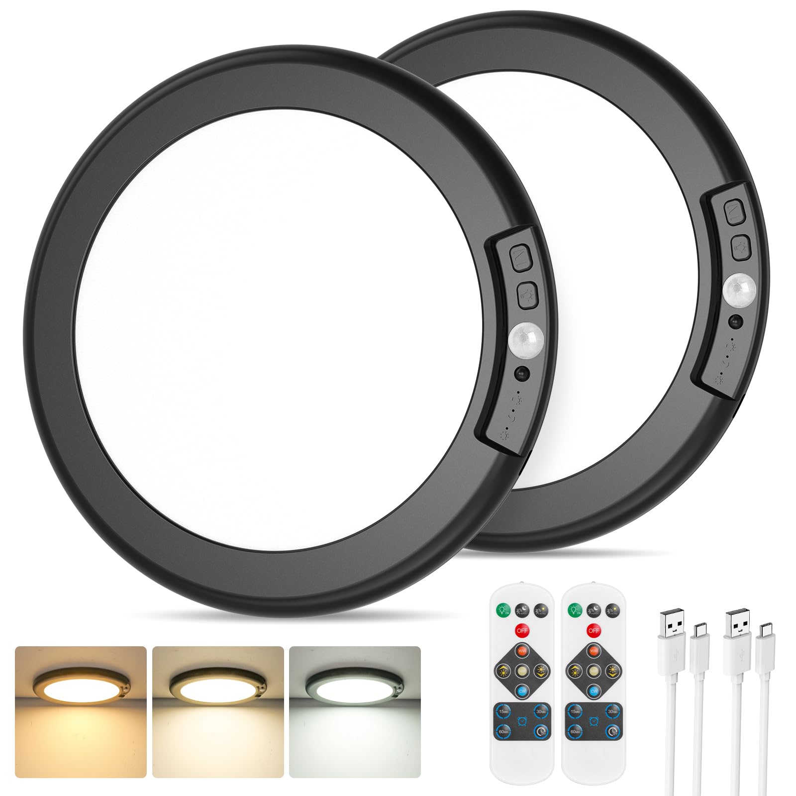 Rechargeable Motion Sensor Ceiling Lights with Remote, Battery Operated Closet Lights No Wiring, Wireless LED Shower Lights, 3 Colors Dimmable Overhead Lamps for Closet Shower Pantry Hallway, 2 Pack