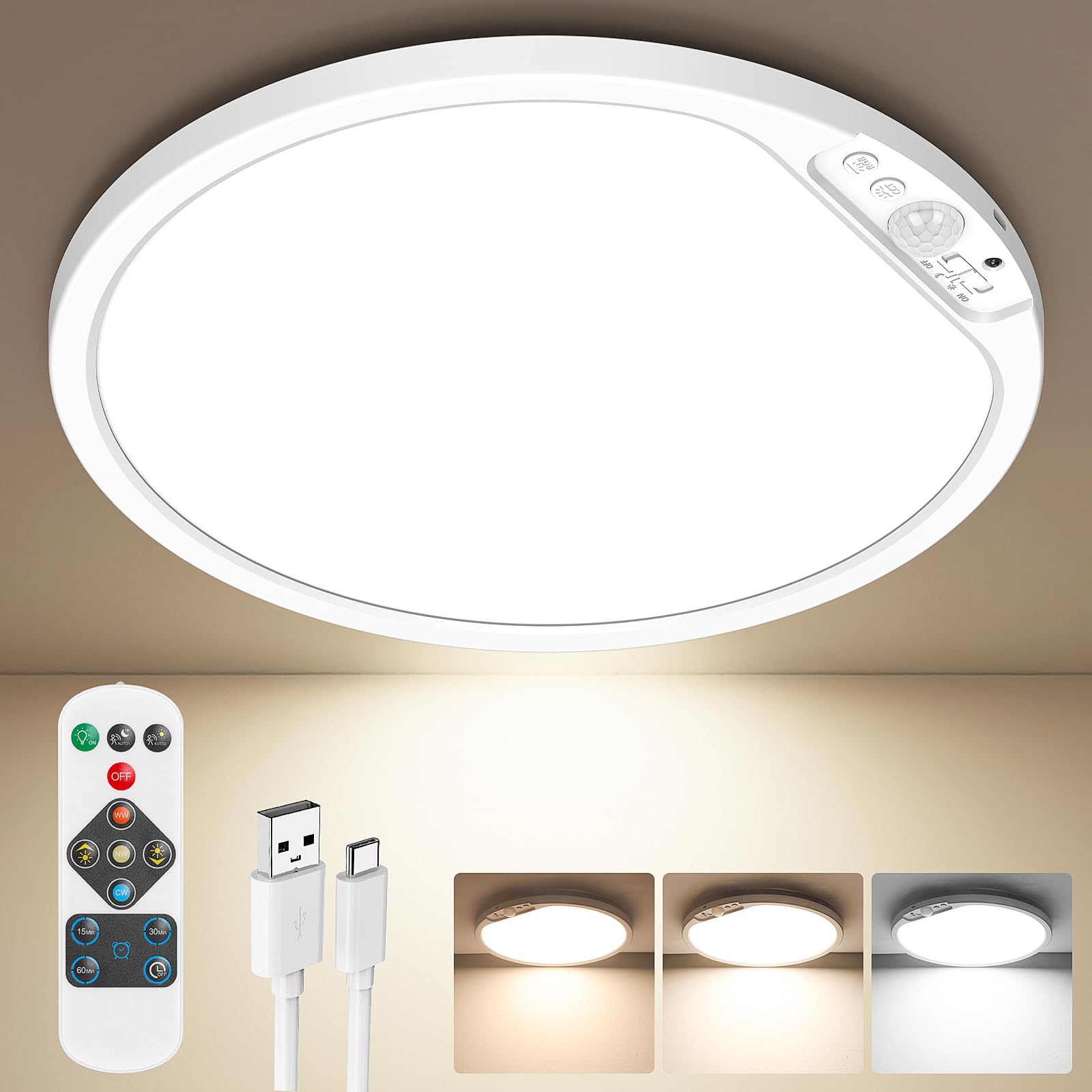 Rechargeable Motion Sensor Ceiling Lights with Remote, Battery Operated Closet Lights No Wiring, Wireless LED Shower Lights, 3 Colors Dimmable Overhead Lamps for Closet Shower Pantry Hallway, 2 Pack