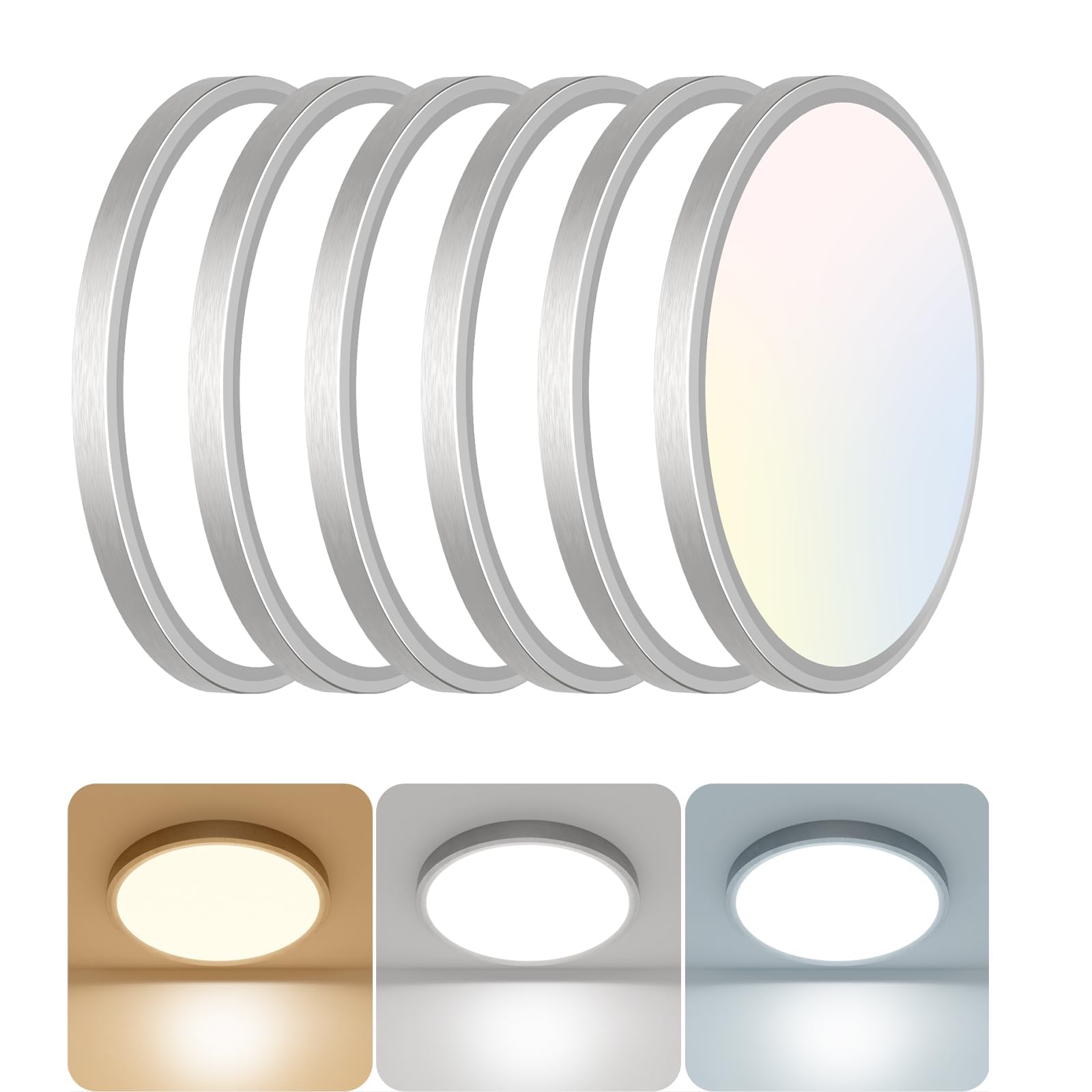libtit 12 inch Flush Mount LED Ceiling Light Fixture, 3000K 4000K 6500K Adjustable, 28W 3200lm Brushed Nickel Satin Round Ceiling Lamp for Bathroom Hallway Kitchen Bedroom, 2 Pack