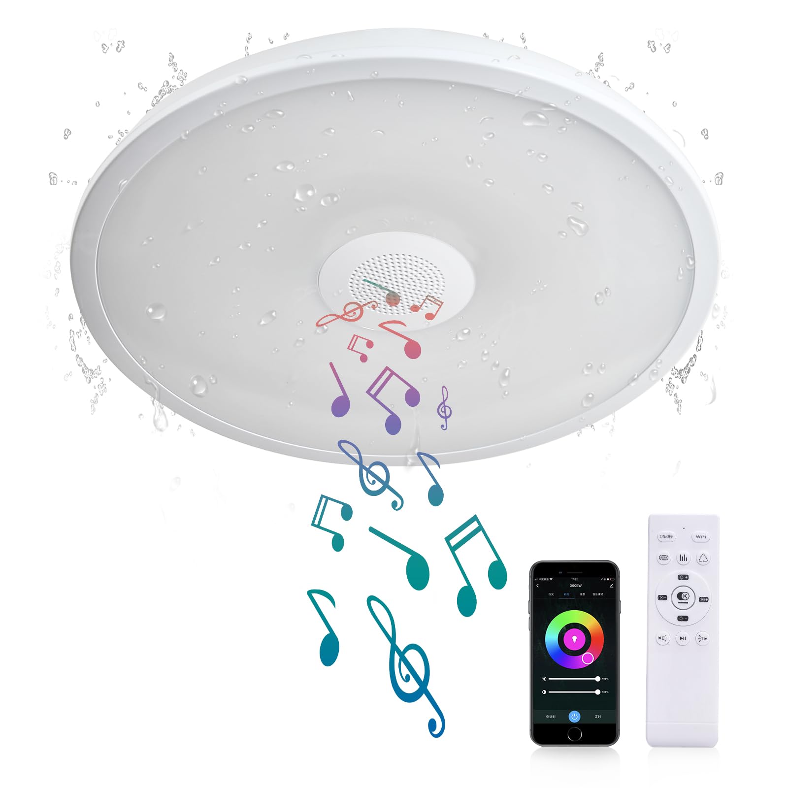 Black Waterproof LED Flush Mount Ceiling Light Fixture,with Bluetooth Speaker,11 Inch,18 watt,Dimmable Music Lamp,RGB Color Changing Light with Remote Control,for Bathroom,Shower,Bedroom