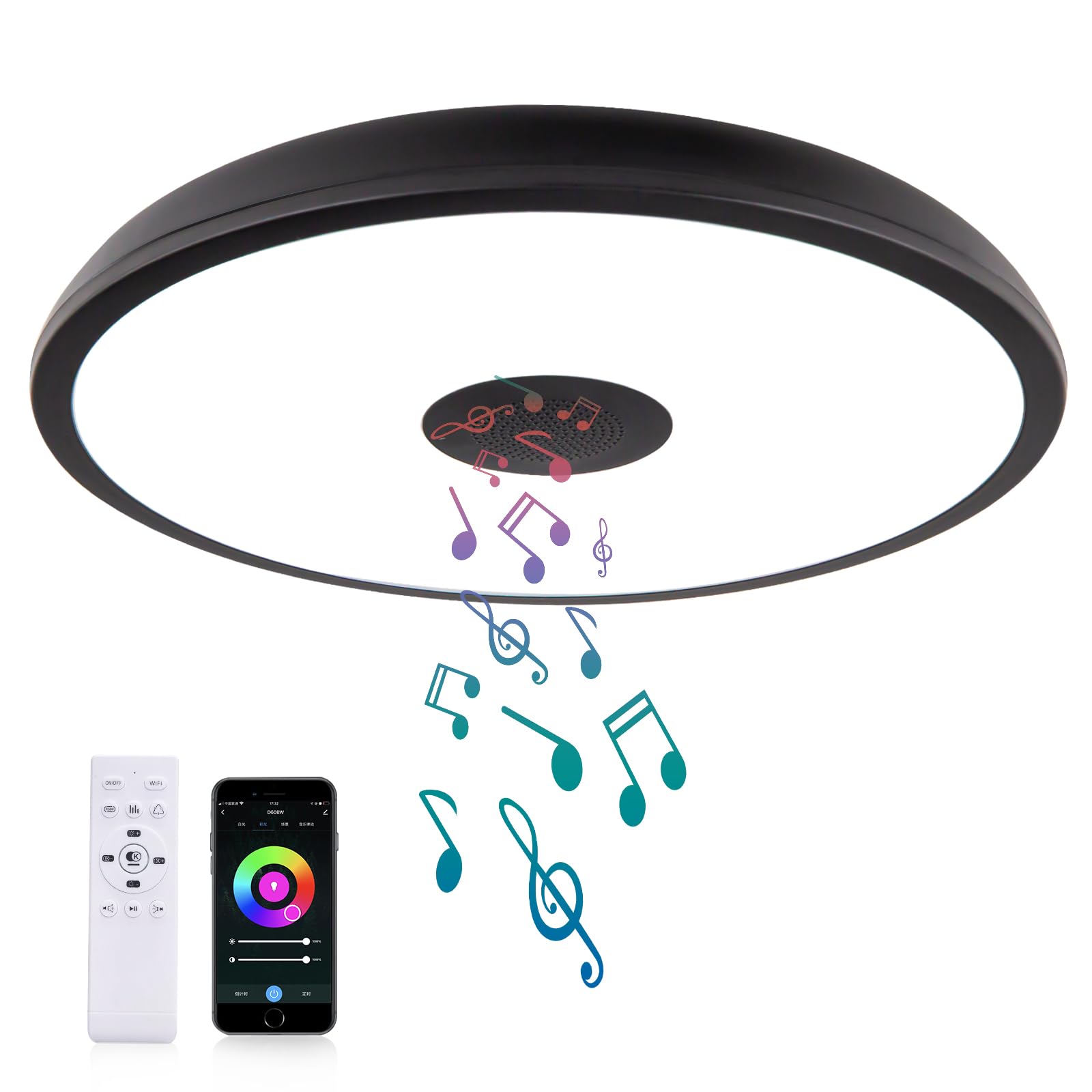 Black Waterproof LED Flush Mount Ceiling Light Fixture,with Bluetooth Speaker,11 Inch,18 watt,Dimmable Music Lamp,RGB Color Changing Light with Remote Control,for Bathroom,Shower,Bedroom