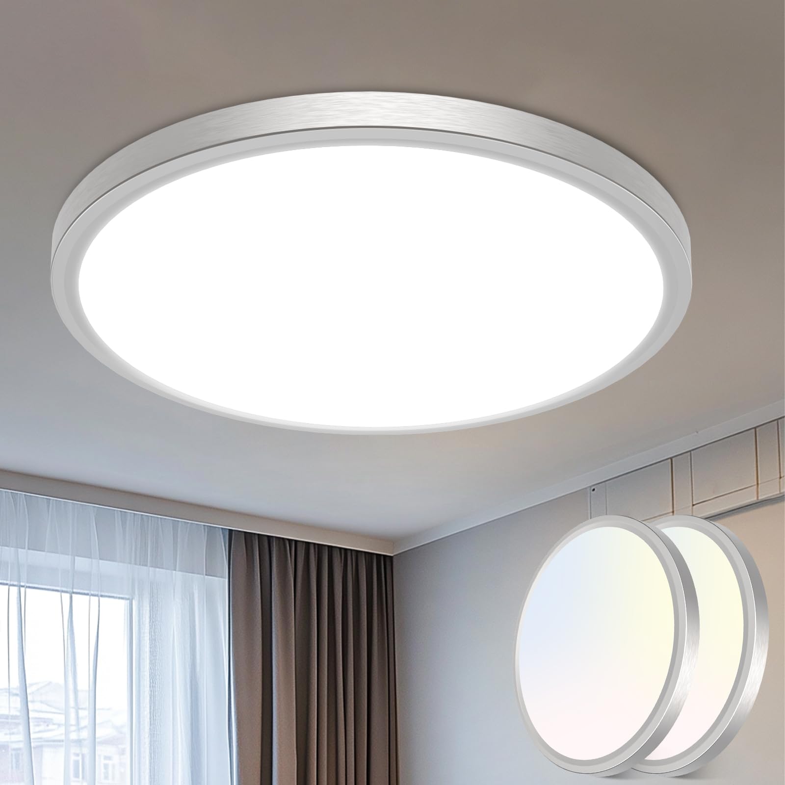 libtit 12 inch Flush Mount LED Ceiling Light Fixture, 3000K 4000K 6500K Adjustable, 28W 3200lm Brushed Nickel Satin Round Ceiling Lamp for Bathroom Hallway Kitchen Bedroom, 2 Pack