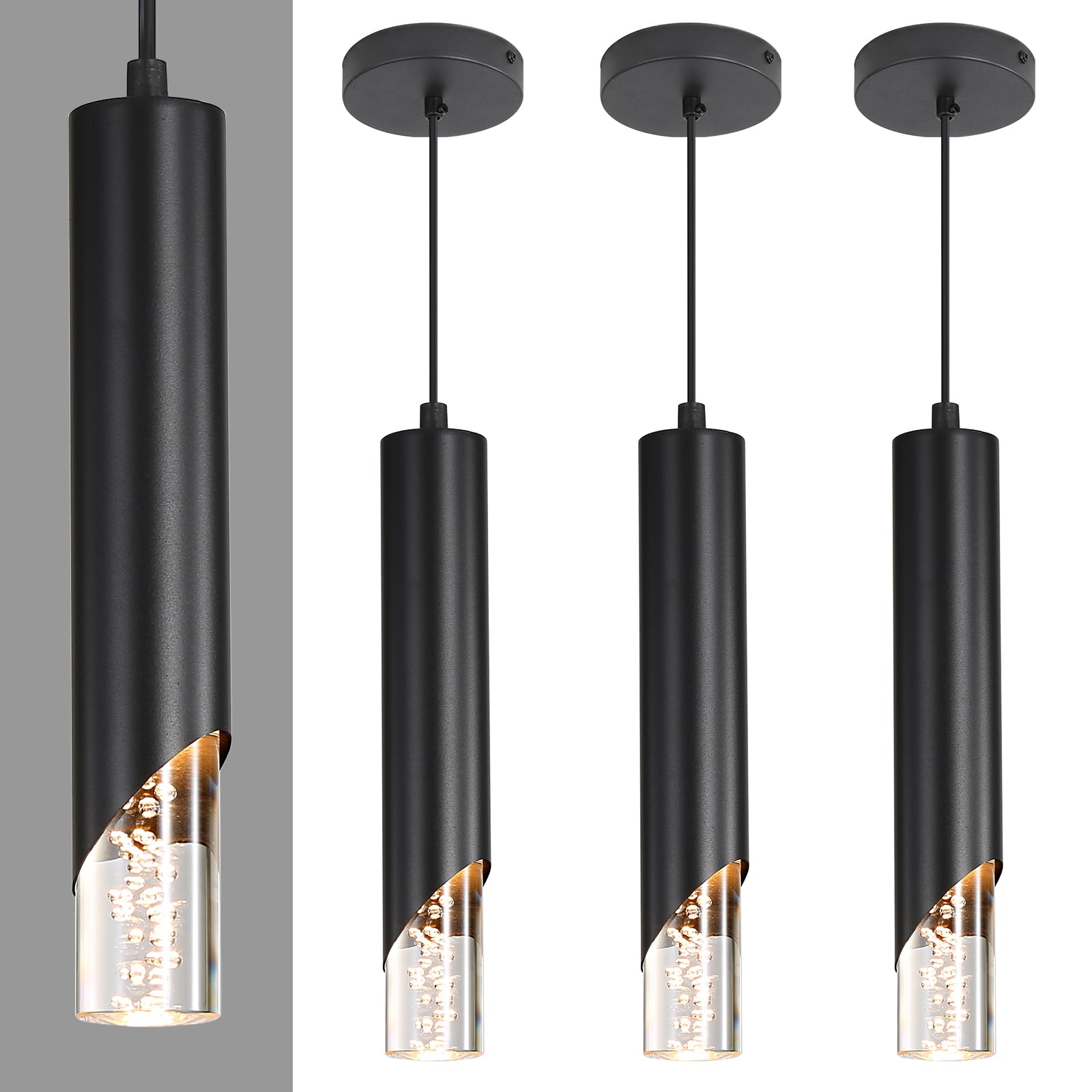 2 Pack Modern Pendant Lights, Mini Chandelier Bubble Acrylic Pendant Lighting for Kitchen Island, 3 Color 3000K/4500K/6500K, Black LED Ceiling Hanging Light for Bathroom, Dining Room, Bedroom