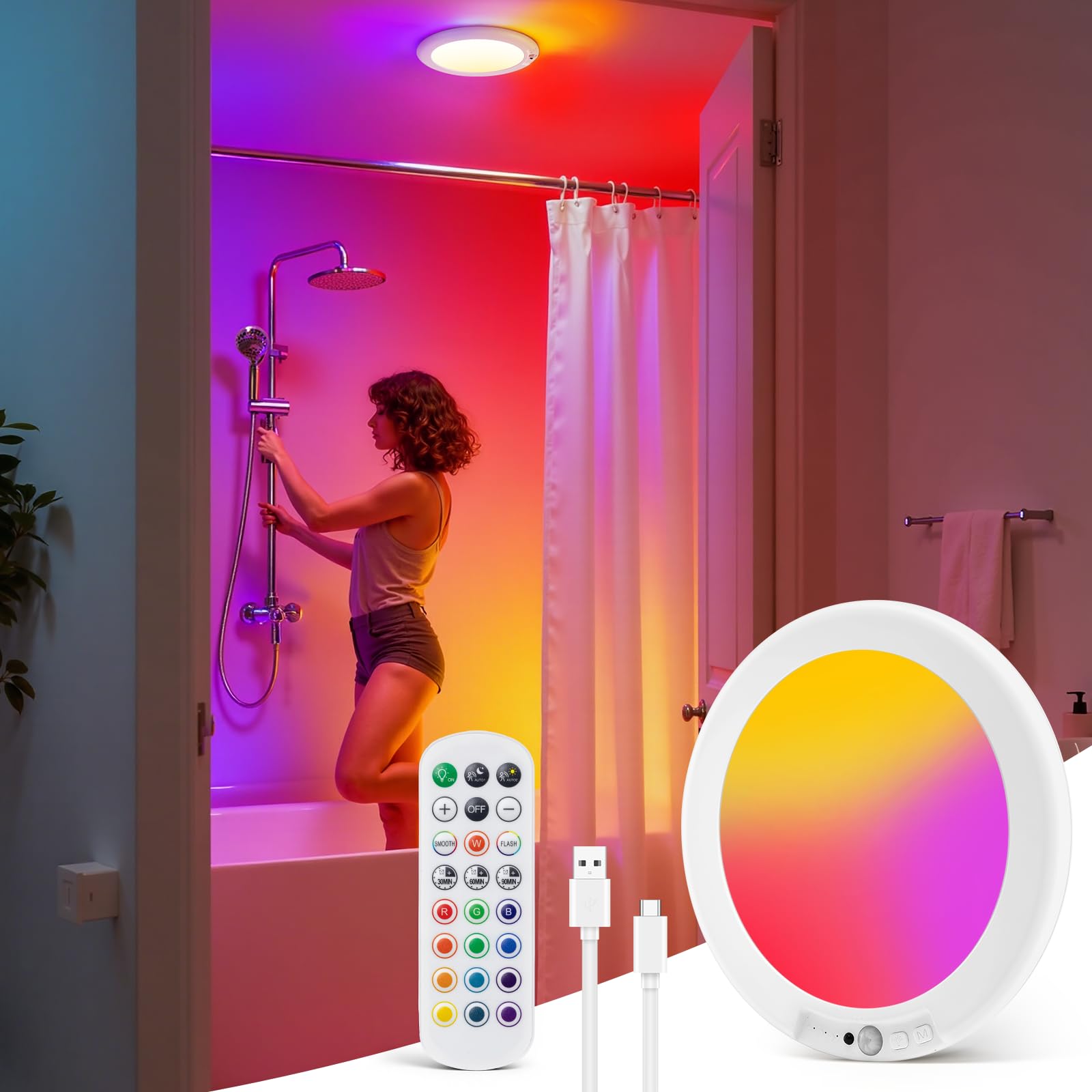 wowatt 2Pcs Battery Operated Ceiling Lights Rechargeable Motion Sensor Light Indoor Wireless Shower Light with Remote 3000K 4500K 6500K 7.48in Dimmable Timing Motion Activated Lamp for Closet Shower