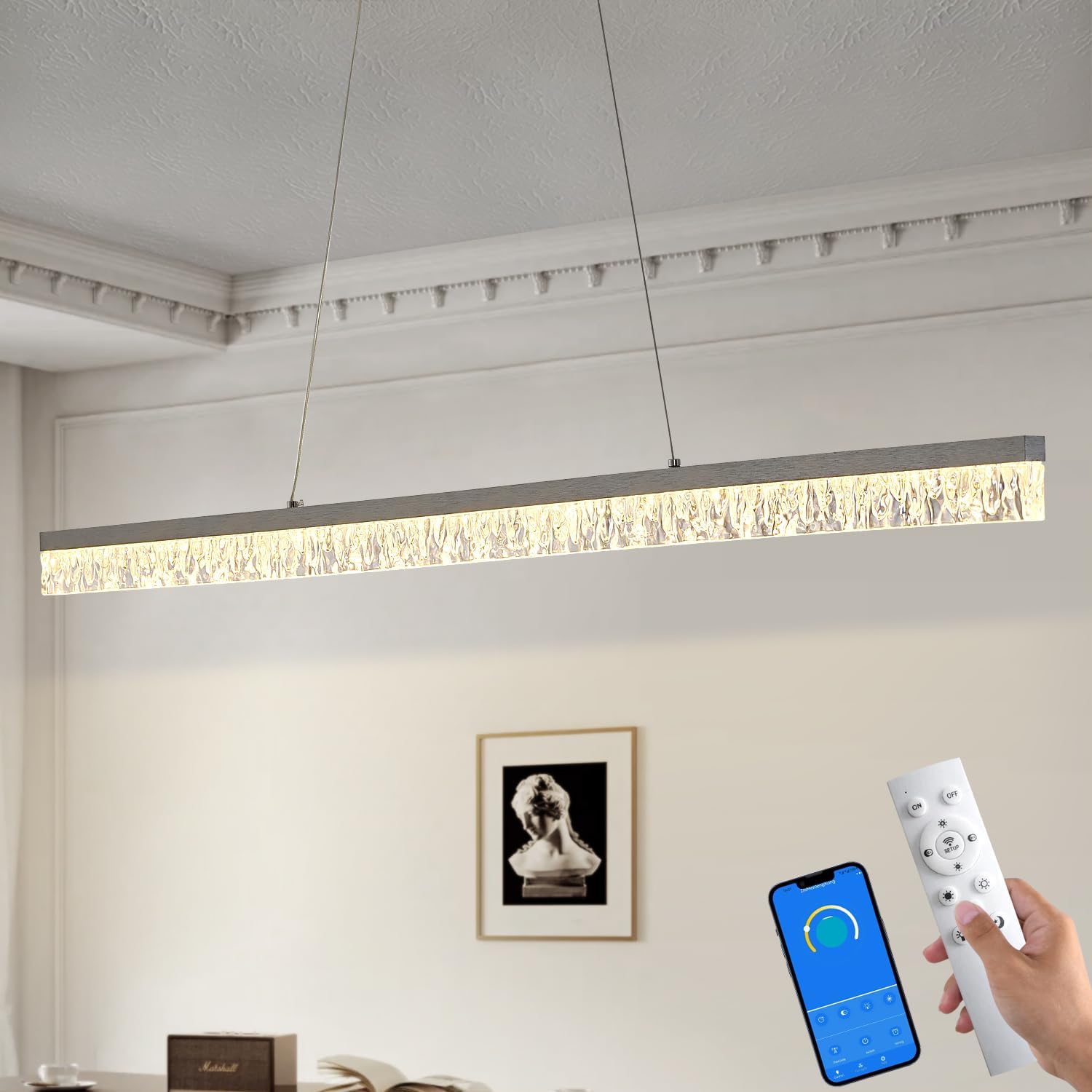 50" LED Linear Pendant Light Fixtures with Remote, Dimmable Modern Island Lights for Kitchen, 3000K-6000k Pool Table Light for Dining Room, Living Room, Bar