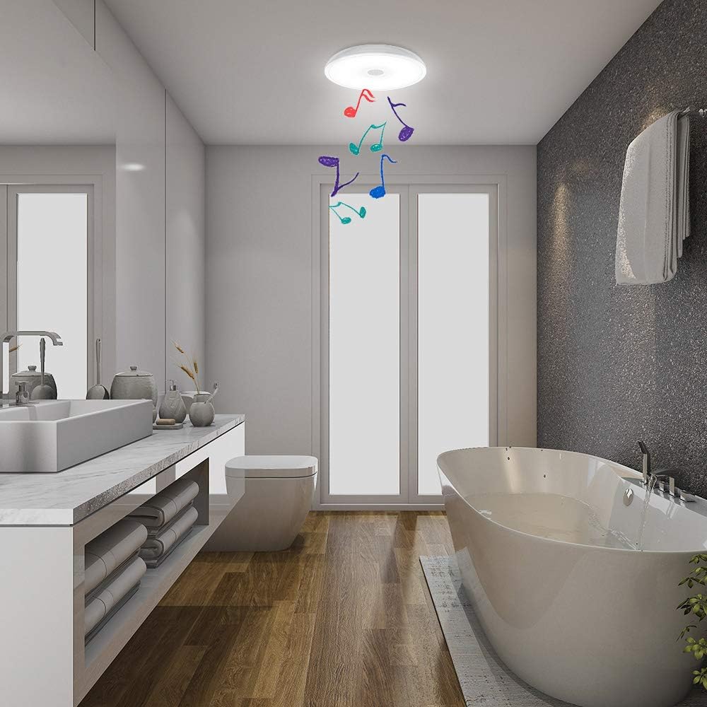 Bathroom Ceiling Light Fixture, Waterproof IP65 18W LED Music Ceiling Lamp with Remote Control with Bluetooth Speaker,FCC and UL1598 Certified for Kitchen, Laundry, Hallway. (Need Wired)