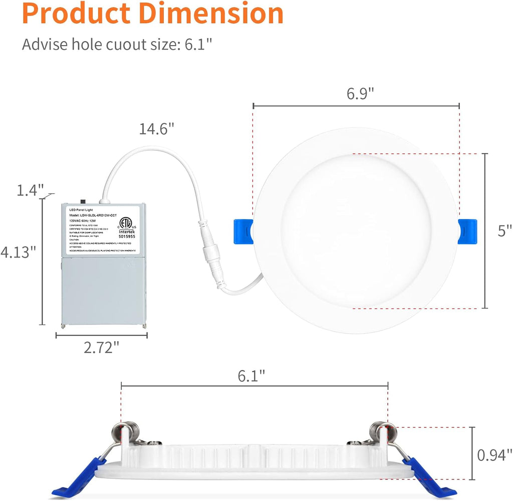 Meconard 4 Pack 6 Inch 5CCT LED Canless Recessed Lighting with Night Light, 2700K/3000K/3500K/4000K/5000K Selectable Ultra-Thin LED Ceiling Lights, 12W=110W, 1050LM, Dimmable Wafer Downlight ETL&FCC