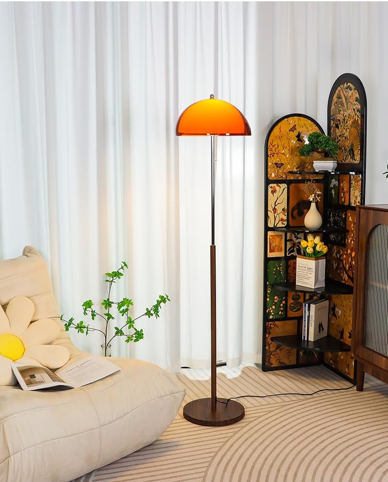 Mushroom Floor Lamp 63" H Orange Floor Lamp for Living Room with Gradient Double Dome Lampshade 3 Color Adjustable Light Pull Chain Switch MCM Standing Lamp for Bedroom Office Study Room