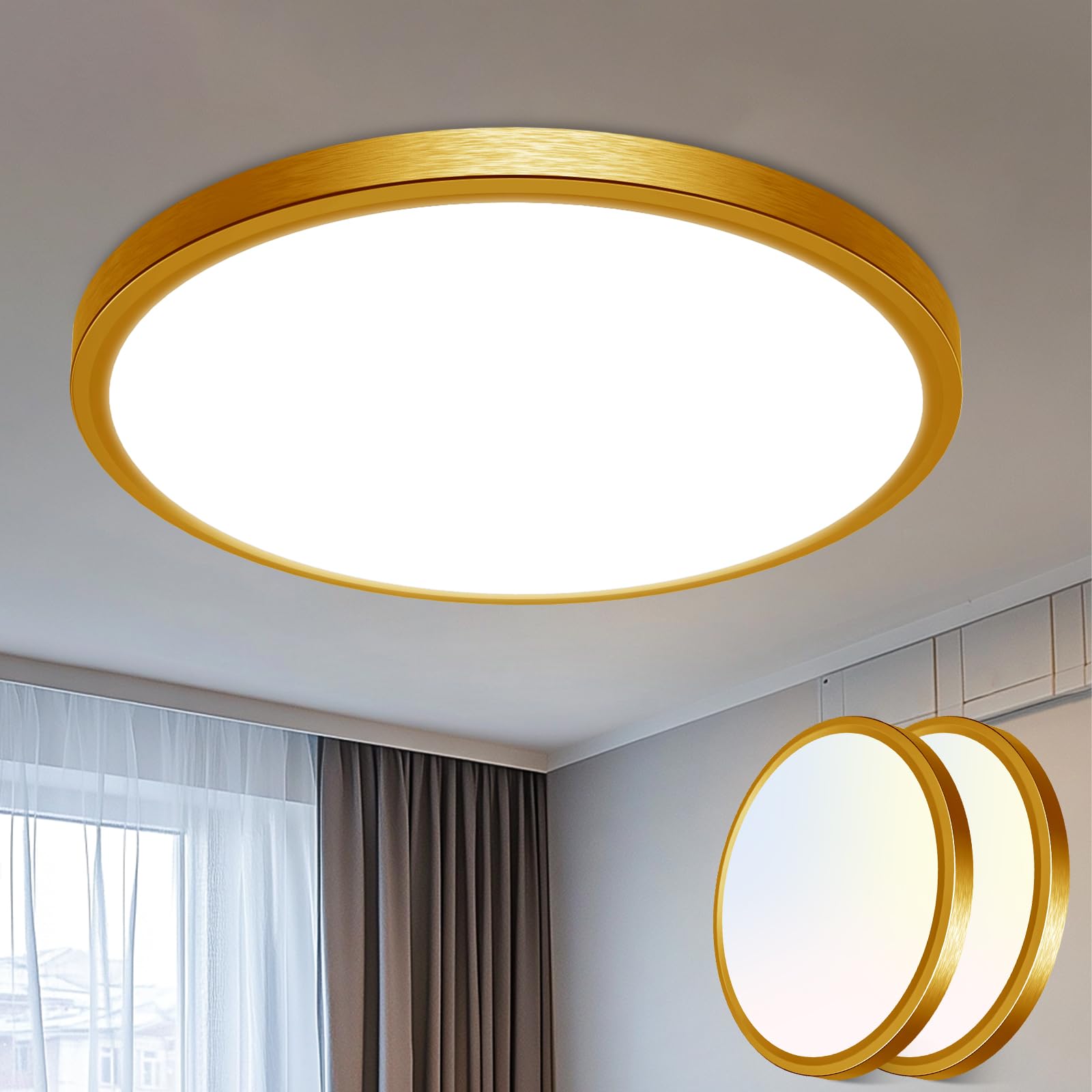 libtit 12 inch Flush Mount LED Ceiling Light Fixture, 3000K 4000K 6500K Adjustable, 28W 3200lm Brushed Nickel Satin Round Ceiling Lamp for Bathroom Hallway Kitchen Bedroom, 2 Pack