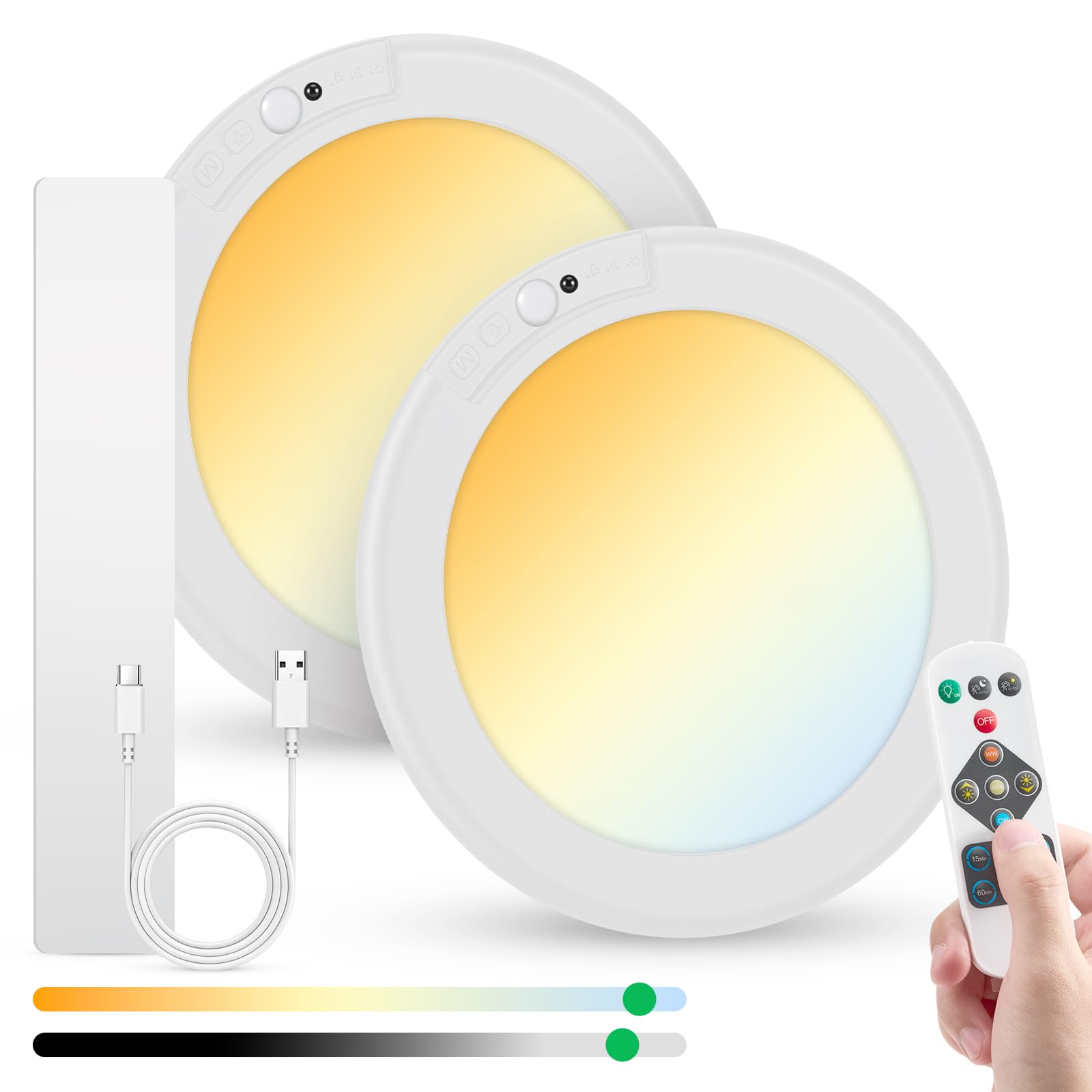 Bojim Rechargeable Ceiling Lights Wireless Waterproof Shower Lighting Inside, 3CCT & Dimmable Magnetic Motion Sensor Lights Battery Operated Closet Light No Wiring for Pantry Laundry 2 Pack