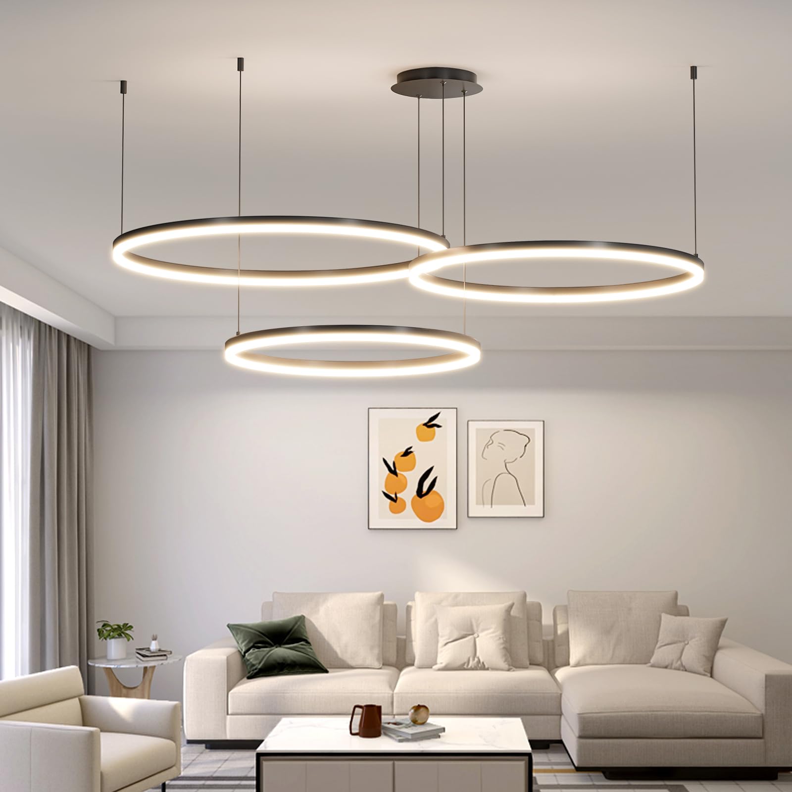 15.7in Black Acrylic Dimmable LED Pendant Light, 3-Color Remote Controlled Ceiling Chandelier for Kitchen