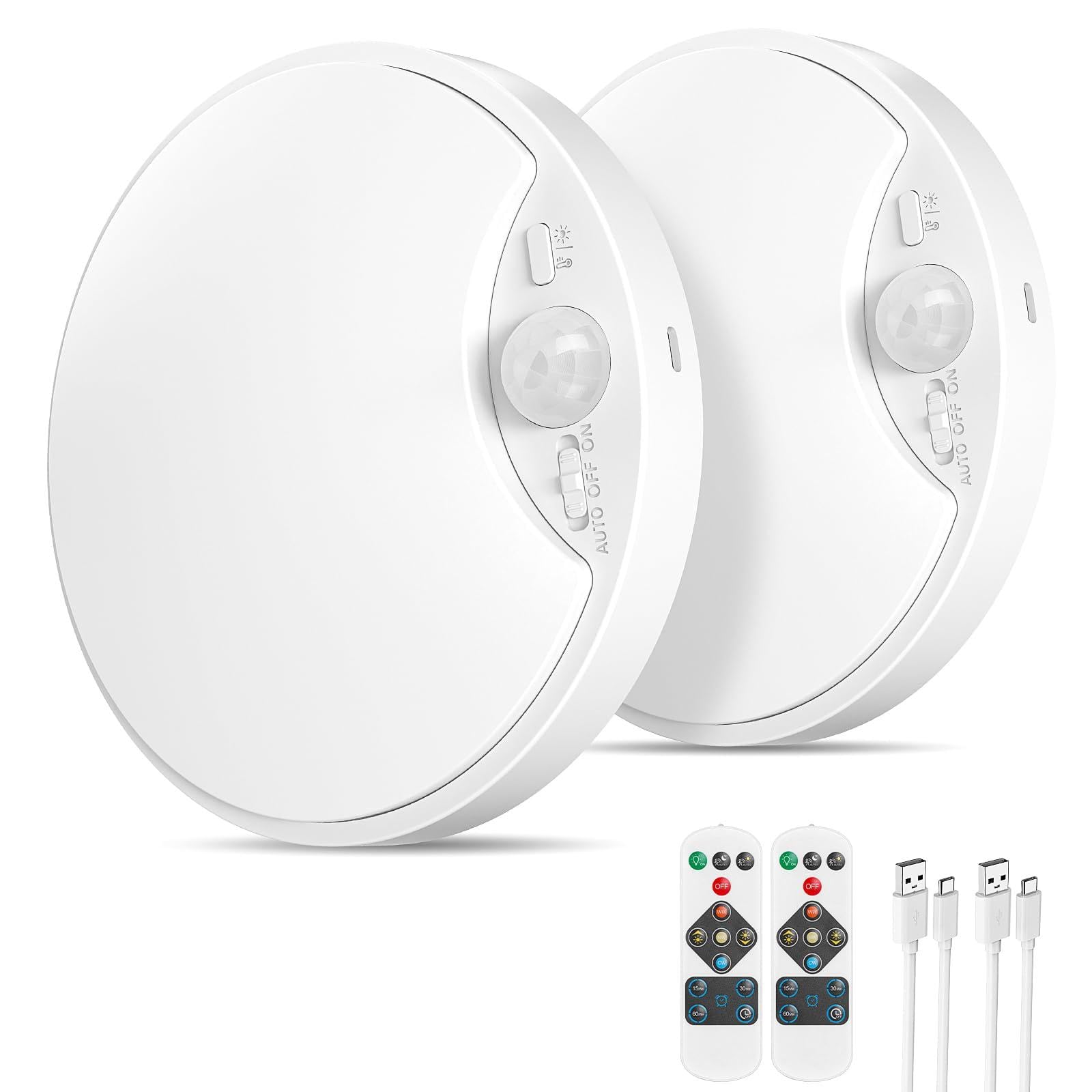 Rechargeable Motion Sensor Ceiling Lights with Remote, Battery Operated Closet Lights No Wiring, Wireless LED Shower Lights, 3 Colors Dimmable Overhead Lamps for Closet Shower Pantry Hallway, 2 Pack
