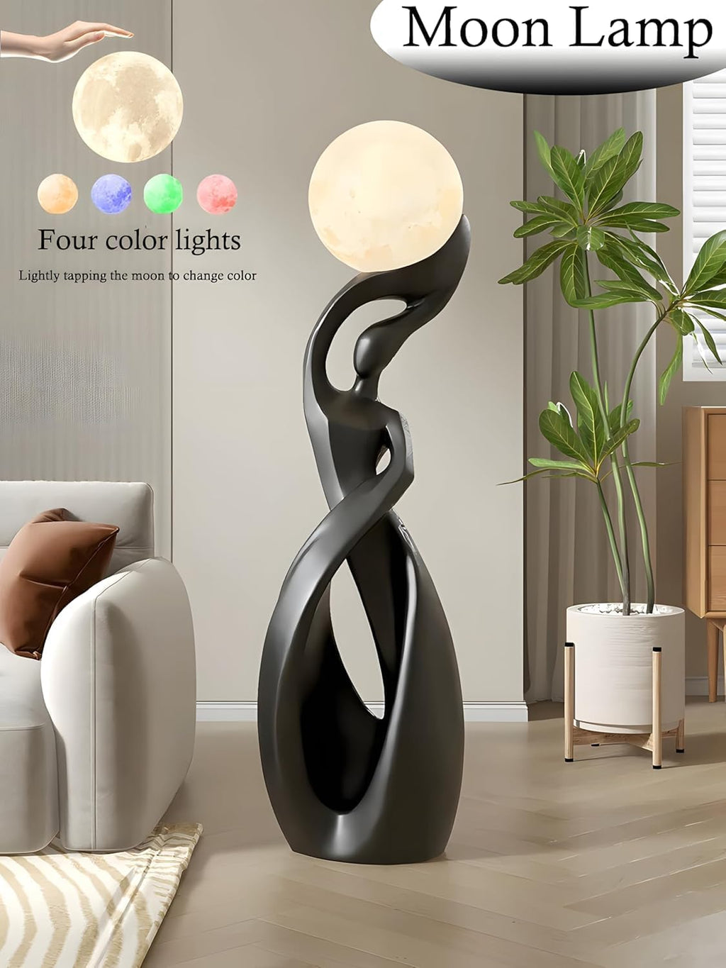 Bofea Black Modern Minimalist 3D Moon Floor Lamp, Nordic Tall Light for Living Room Bedroom & Girls Room Decor
