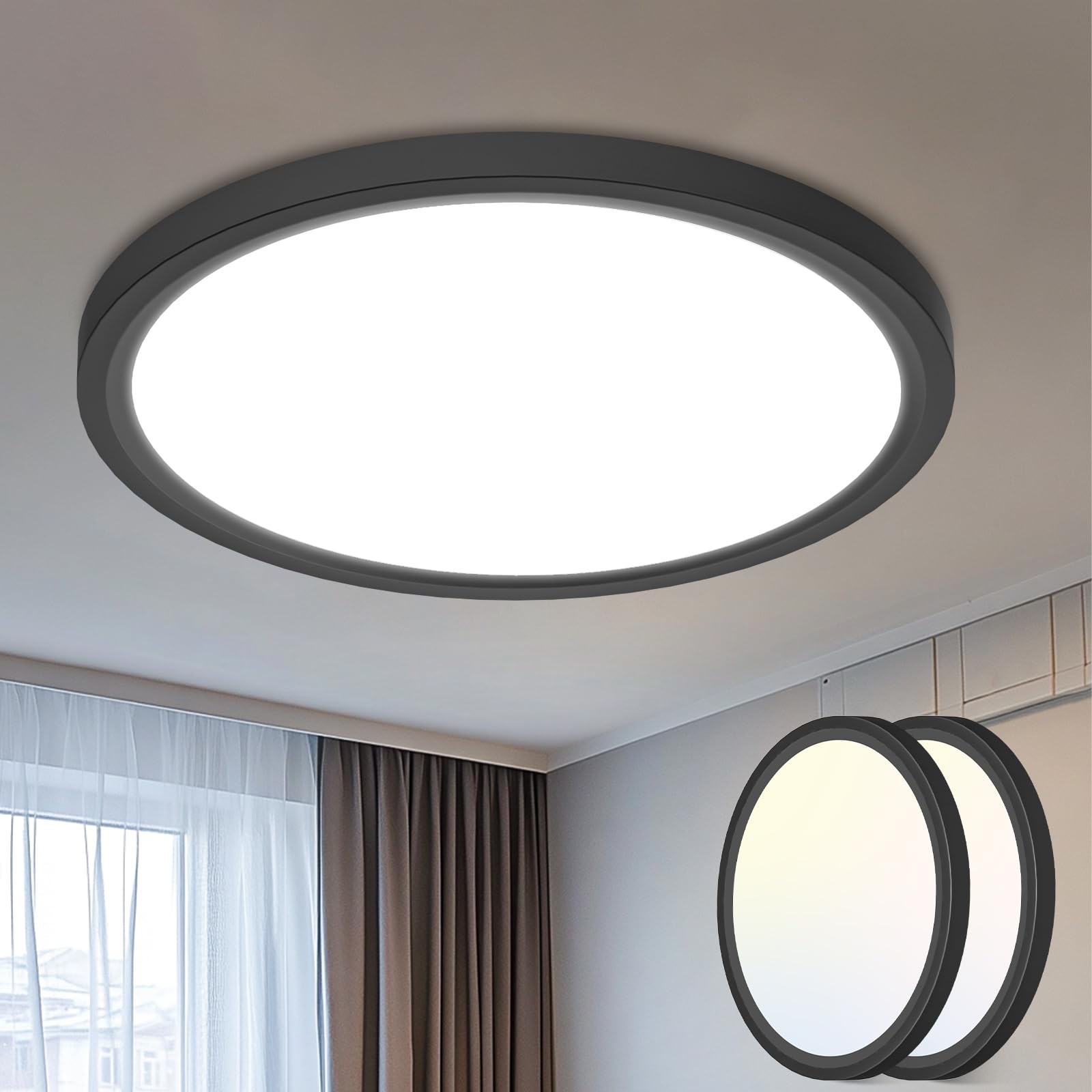 libtit 12 inch Flush Mount LED Ceiling Light Fixture, 3000K 4000K 6500K Adjustable, 28W 3200lm Brushed Nickel Satin Round Ceiling Lamp for Bathroom Hallway Kitchen Bedroom, 2 Pack