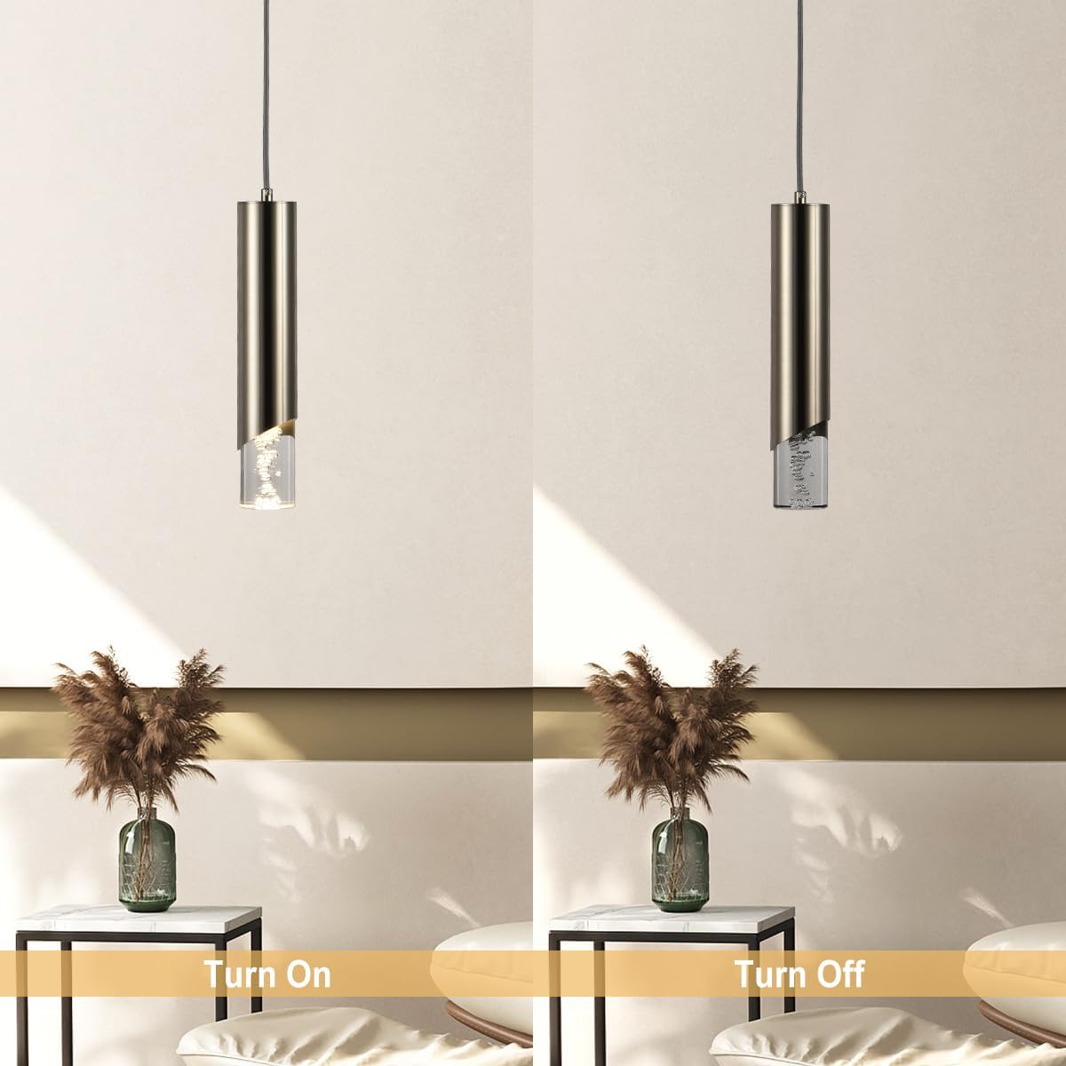 Modern Cylinder Pendant Light, Dimmable Brushed Nickel Acrylic Pendant Lights Kitchen Island, Single Small Ceiling Light Fixture with Bubble for Vanity Powder Room