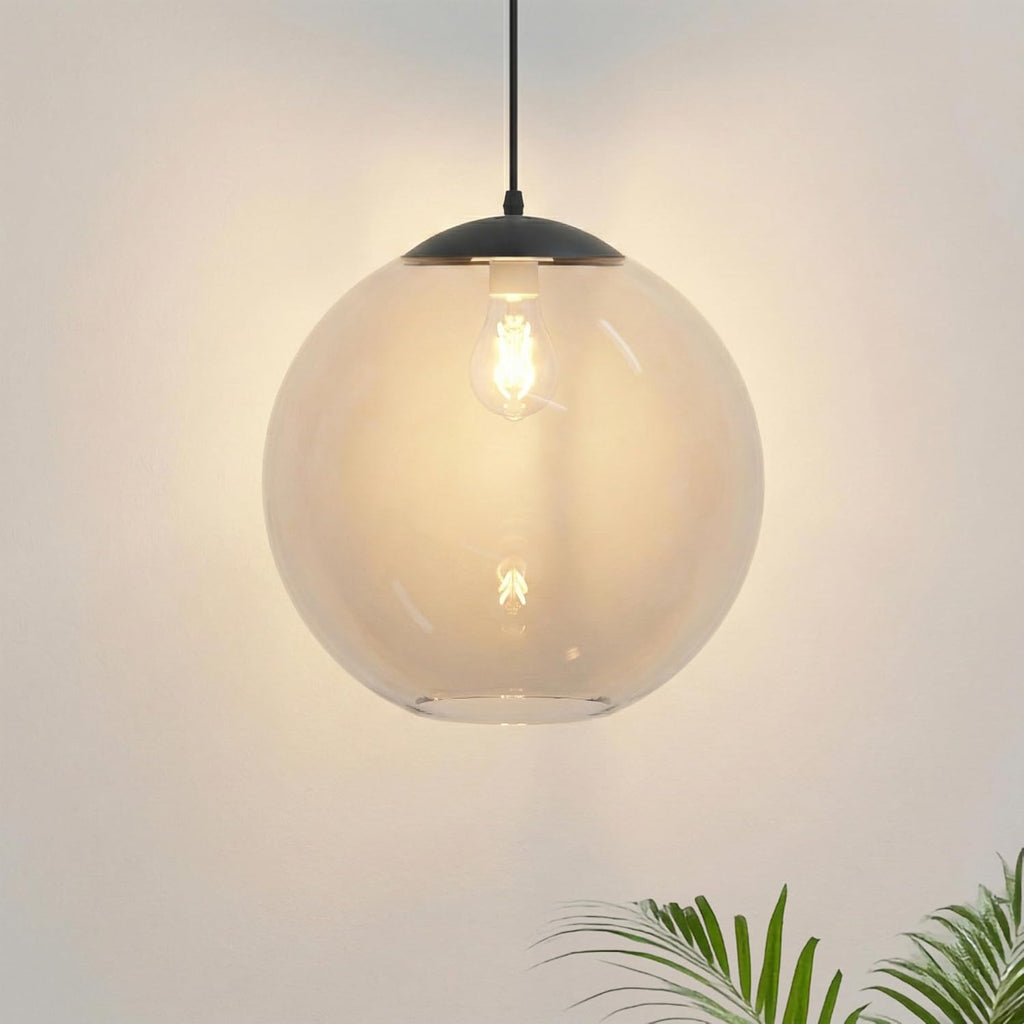 KASTLITE 12" Acrylic Globe Pendant Light Fixture, 8W 3000K Filament LED Bulb, Ceiling Mount - Kitchen Pendant Lighting Over Island, Hanging Dining Light, Living Room Lamp - Clear Shade, Black Base
