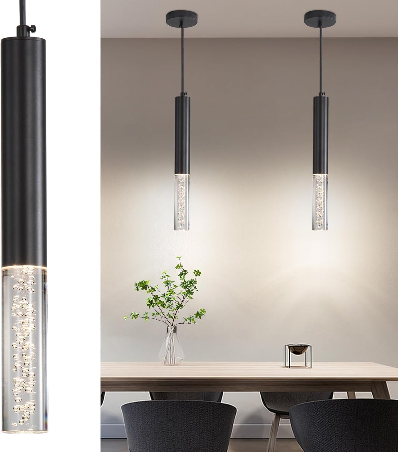 2 Pack Minimalist Kitchen Island Pendant Lights, Black Modern Linear Hanging Light Fixture, Bubble Acrylic, Adjustable 2700K/4500K/6500K, LED Ceiling Lamp for Dining Room, Bedside, Bathroom, Bar