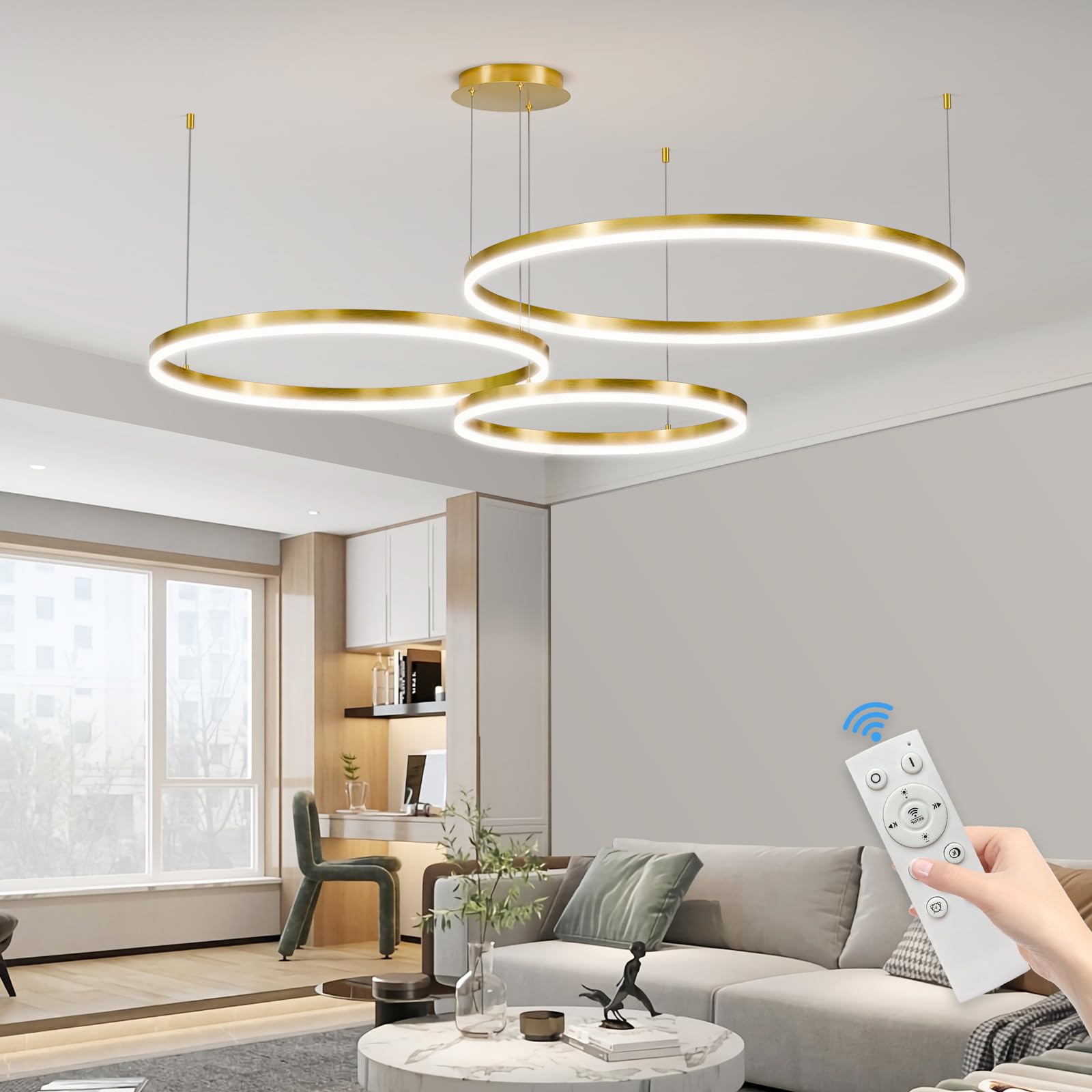 15.7in Black Acrylic Dimmable LED Pendant Light, 3-Color Remote Controlled Ceiling Chandelier for Kitchen