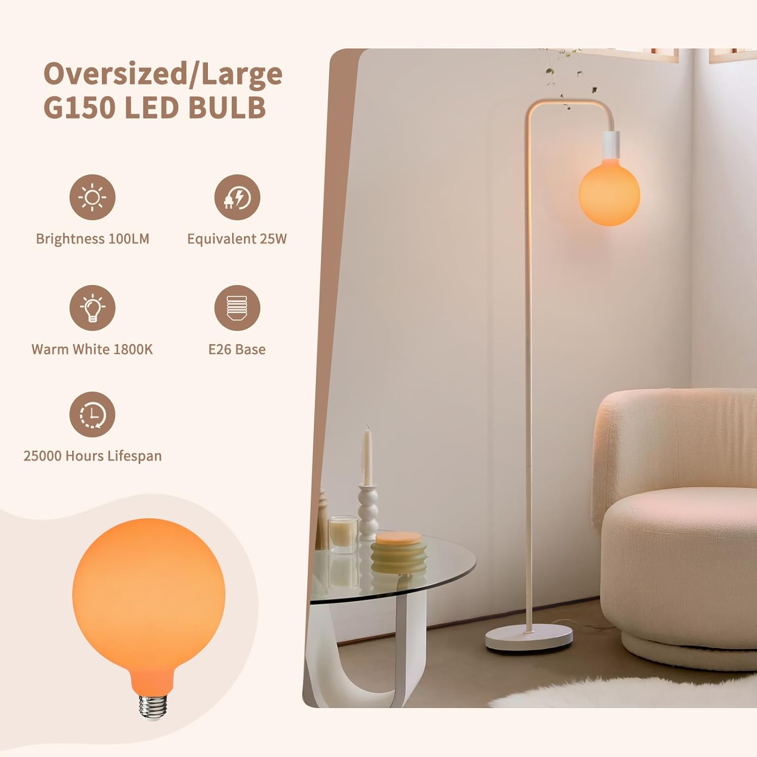 ONEWISH Floor Lamp for Living Room - Minimalist Standing Lamp with Modern LED Bulb, White Frosted Globe Glass 6", 1800K Warm Ambiant Lighting Decorative Tall Lamp for Bedroom Dorm