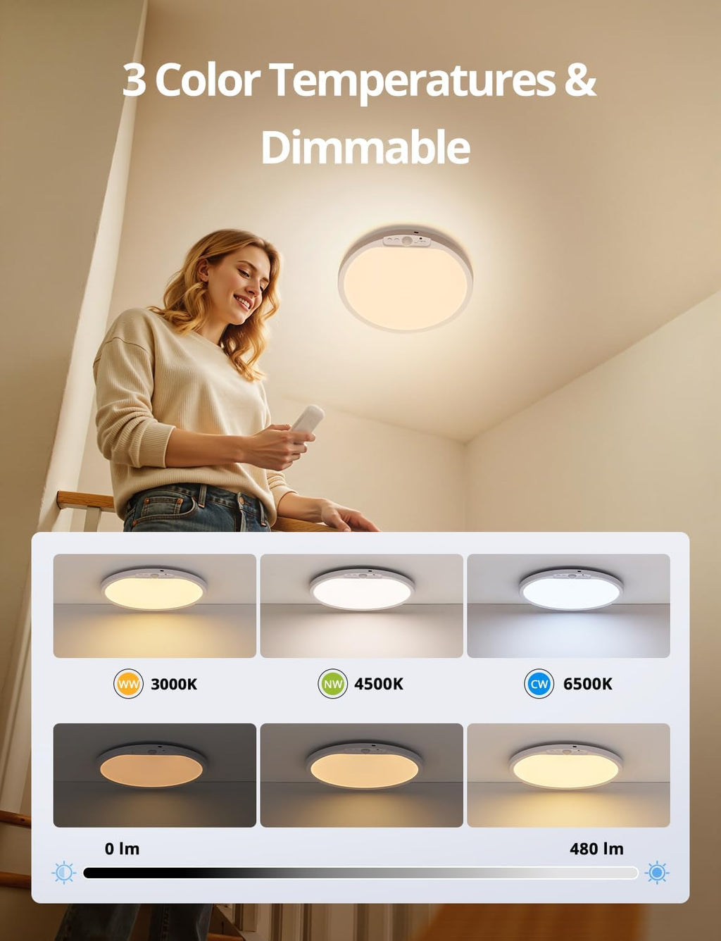 Combuh Rechargeable Battery Operated Ceiling Light for Shower Inside Wireless, 105 Day Battery Life Powered 11.8Inch Bright Waterproof Magnetic RGB Overhead Lighting without Wiring for Closet Bathroom