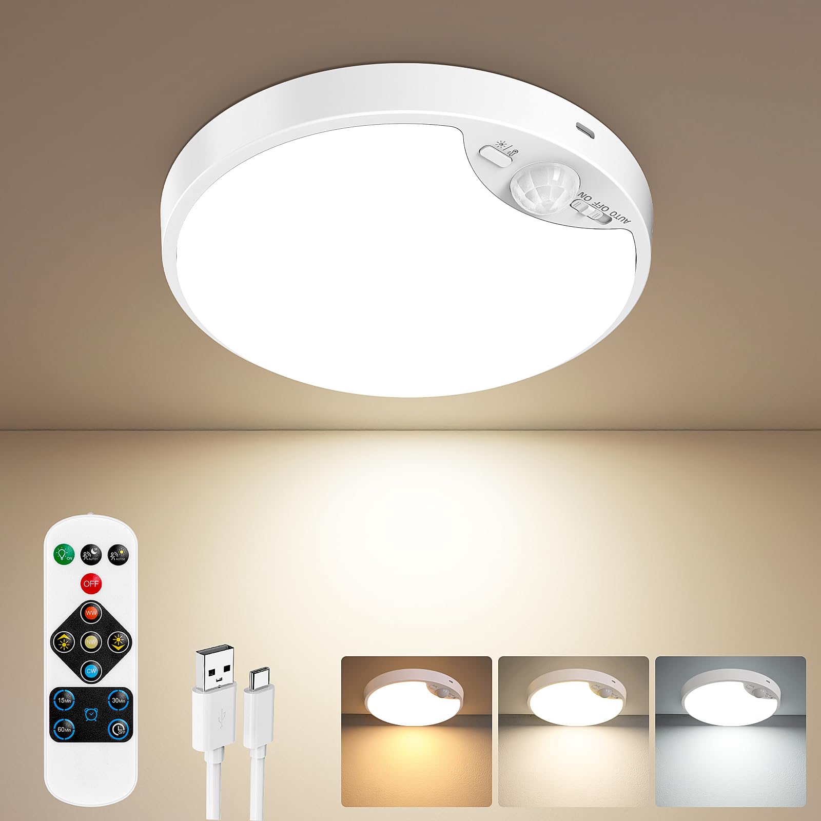 Rechargeable Motion Sensor Ceiling Lights with Remote, Battery Operated Closet Lights No Wiring, Wireless LED Shower Lights, 3 Colors Dimmable Overhead Lamps for Closet Shower Pantry Hallway, 2 Pack