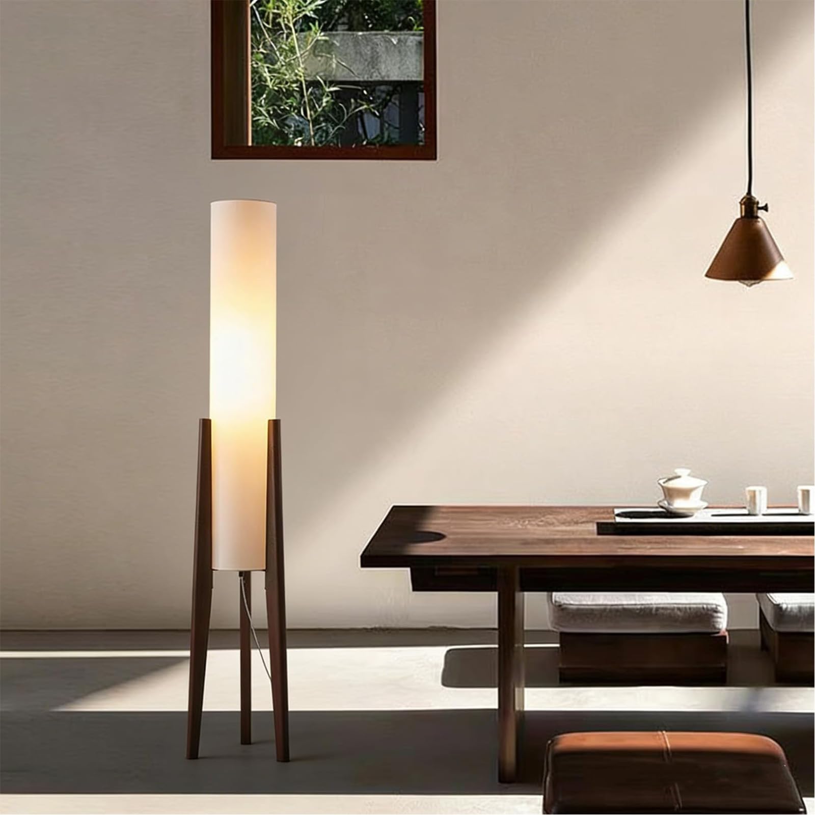 MIXL-Tripod Wooden Tall Floor Lamp,Fabric Drum Shade Corner Standing Lamp,Farmhouse Style Floor Light for Nursery and Study Room