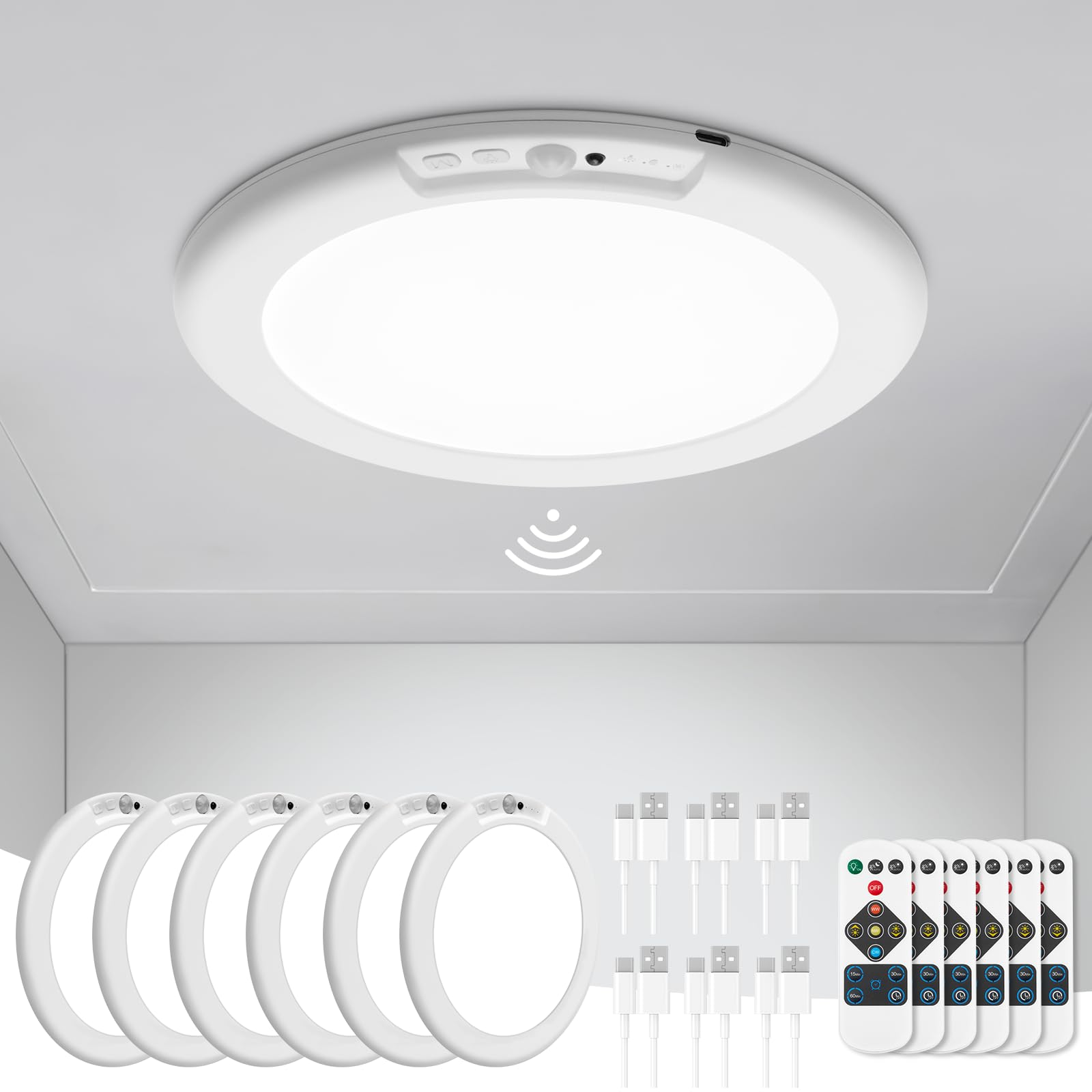 wowatt 2Pcs Battery Operated Ceiling Lights Rechargeable Motion Sensor Light Indoor Wireless Shower Light with Remote 3000K 4500K 6500K 7.48in Dimmable Timing Motion Activated Lamp for Closet Shower