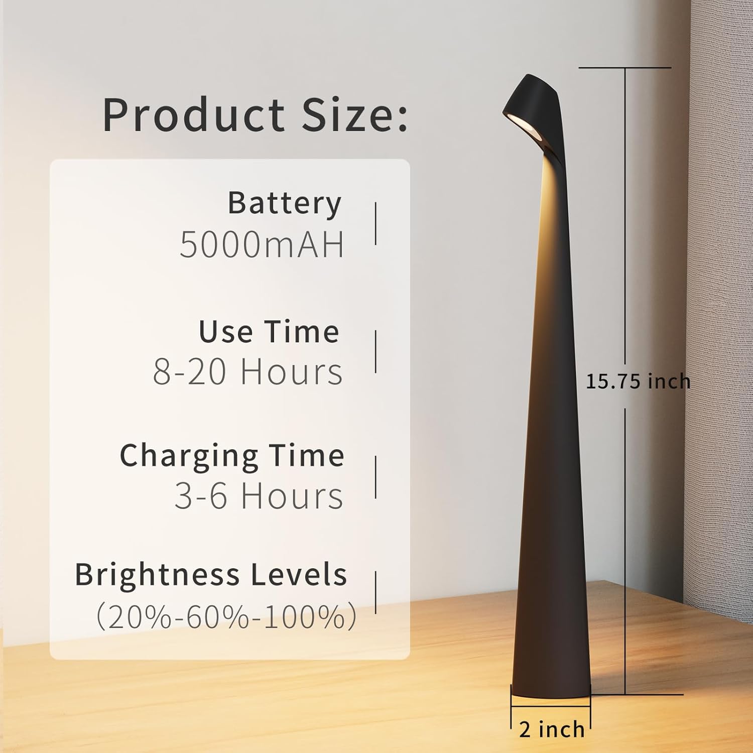 HAPYGI Portable Cordless LED Desk Lamp,Rechargeable Wireless Table Lamp, 3-Level Brightness, Patio Table Lamp, Bedside Night Light, Dining Room Ambient Light, Reading Light (Black)