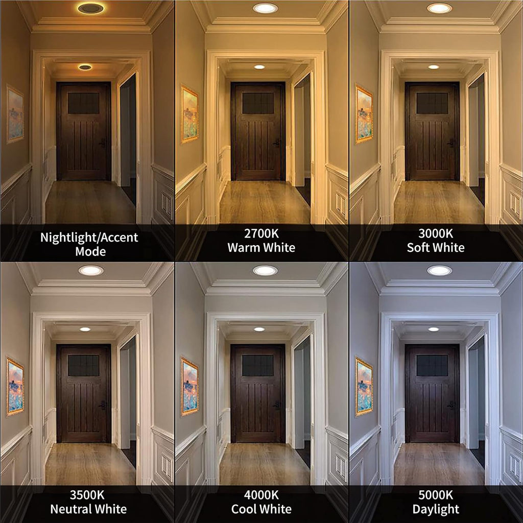 Meconard 4 Pack 6 Inch 5CCT LED Canless Recessed Lighting with Night Light, 2700K/3000K/3500K/4000K/5000K Selectable Ultra-Thin LED Ceiling Lights, 12W=110W, 1050LM, Dimmable Wafer Downlight ETL&FCC