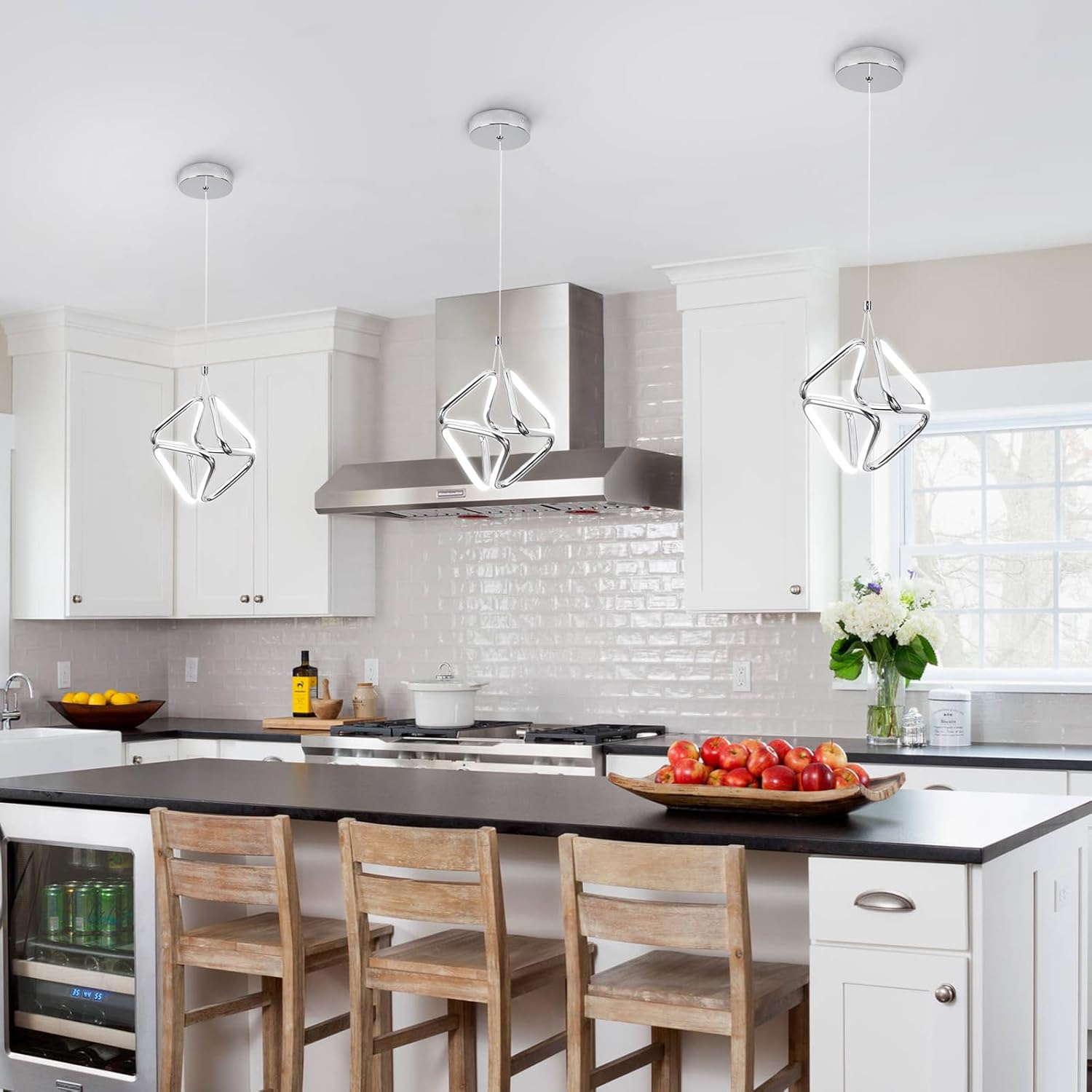 Modern Pendant Light Fixtures,6000K Cool White Chrome Led Pendant Lights for Kitchen Island,Adjustable Kitchen Island Hanging Light Fixture for Dining Room Bedroom Sink, 1 Pack