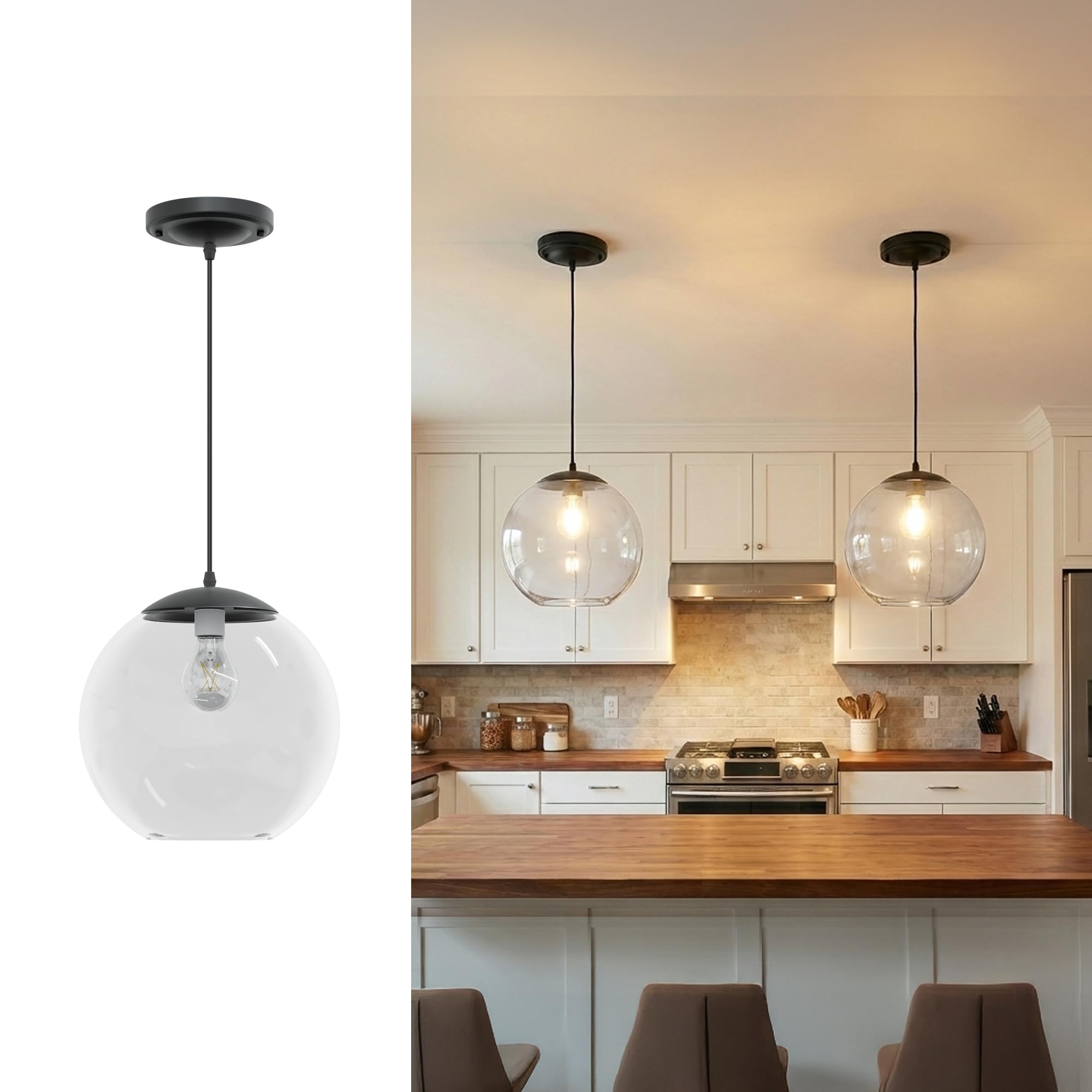 KASTLITE 10" Acrylic Globe Pendant Light Fixture, 8W 3000K Filament LED Bulb, Ceiling Mount - Kitchen Pendant Lighting Over Island, Hanging Dining Light, Living Room Lamp - White Shade, White Base