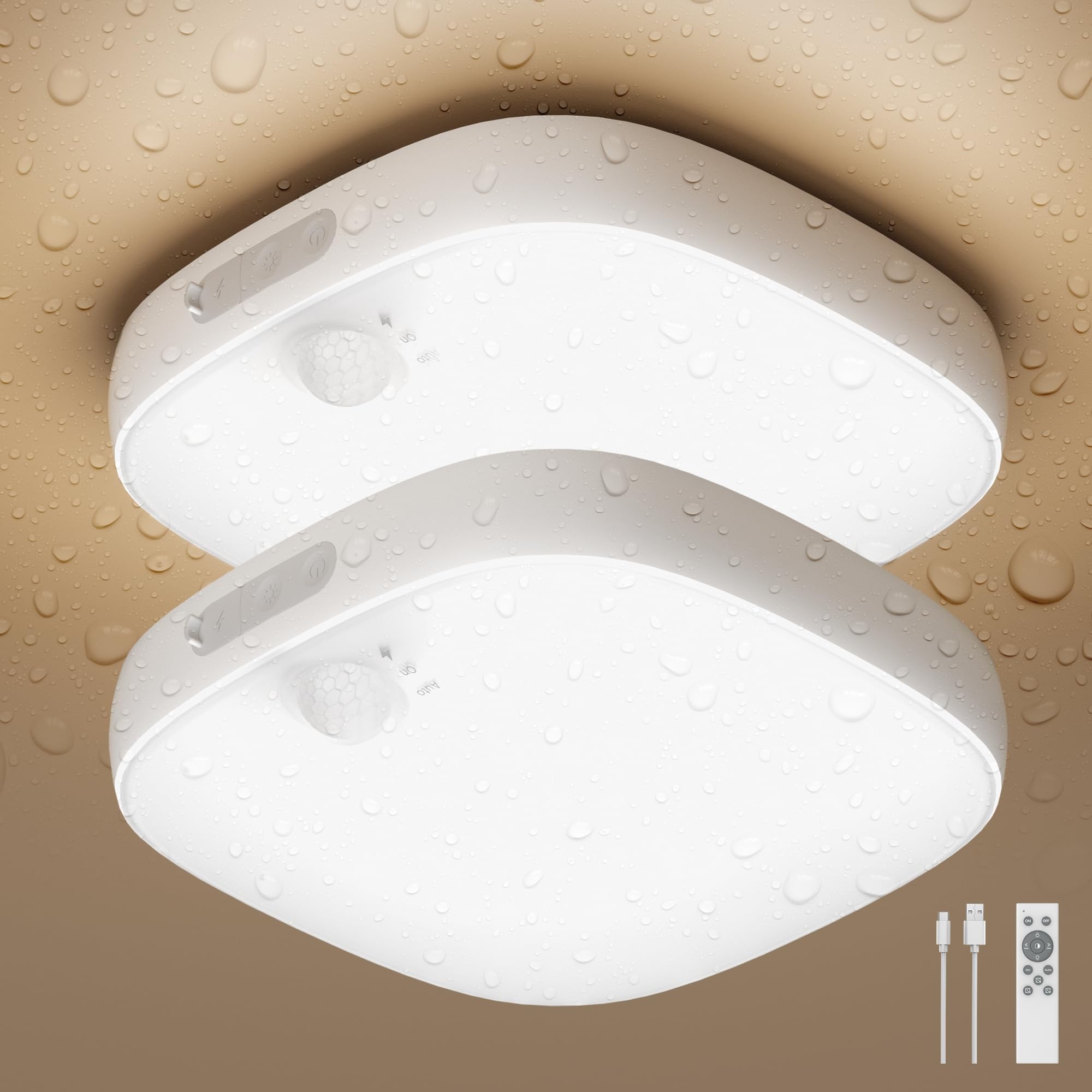 FULEN Shower Lights IP65 Waterproof, Motion Sensor Ceiling Light, Rechargeable Closet Light with 10000mAh Battery, LED Shower Lamp, Cordless Ceiling Lamp with RGB Colors, Remote Control, 2 Pack