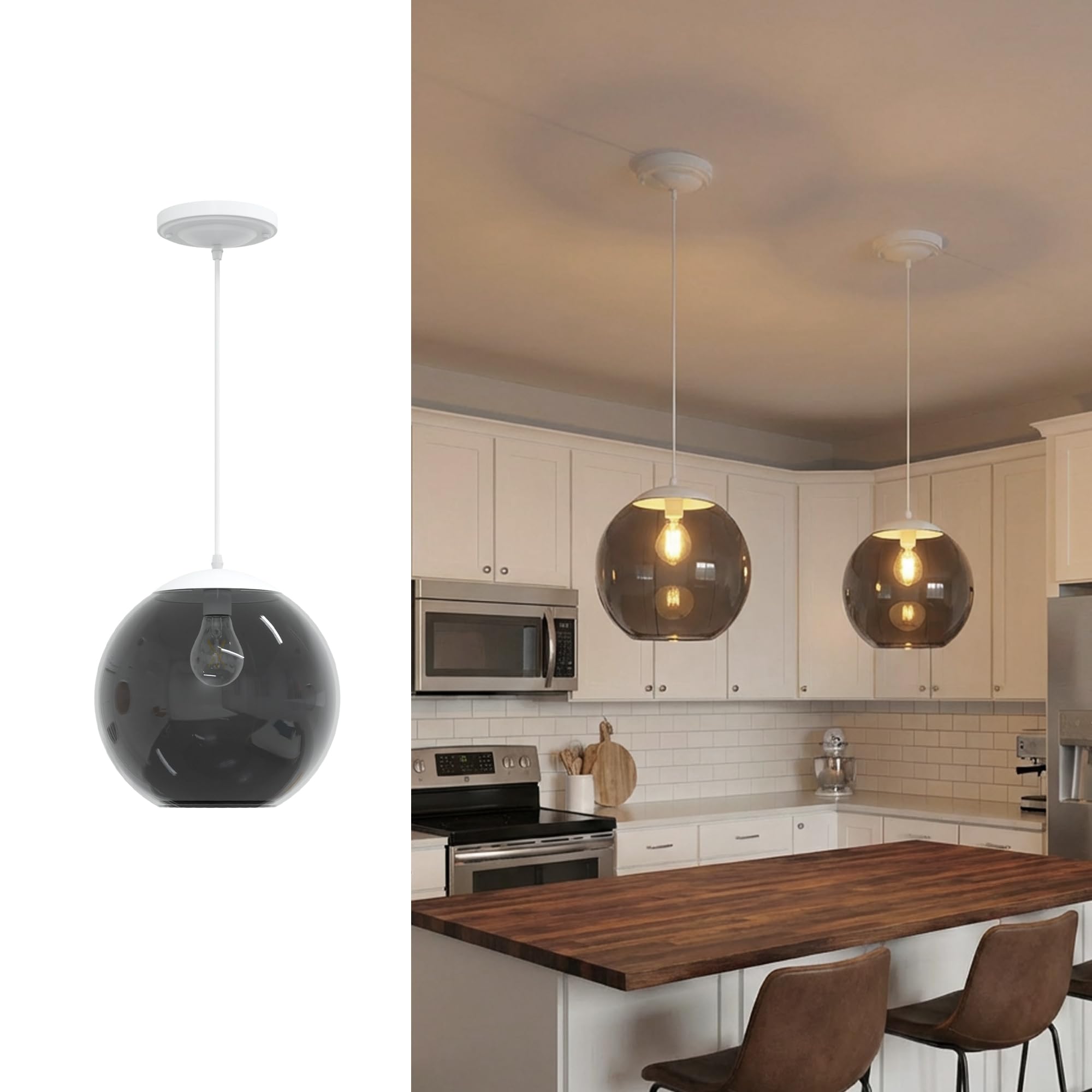 KASTLITE 10" Acrylic Globe Pendant Light Fixture, 8W 3000K Filament LED Bulb, Ceiling Mount - Kitchen Pendant Lighting Over Island, Hanging Dining Light, Living Room Lamp - White Shade, White Base