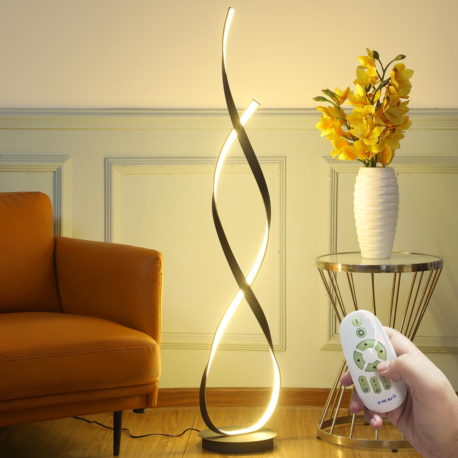 61in 60W DNA Spiral LED Floor Lamp, 3-Color Remote Dimmable Black Nordic Standing Light for Living Room Decor