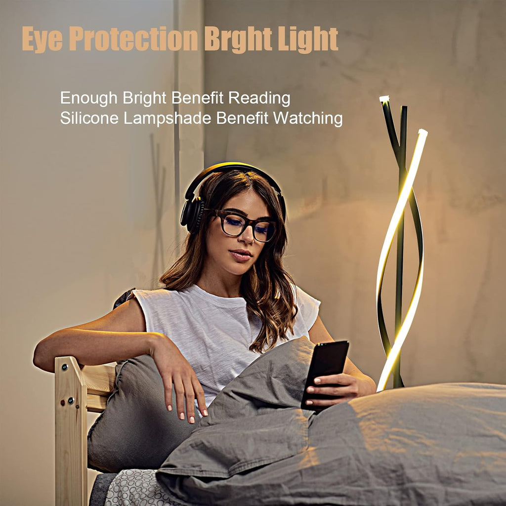 61in 60W DNA Spiral LED Floor Lamp, 3-Color Remote Dimmable Black Nordic Standing Light for Living Room Decor